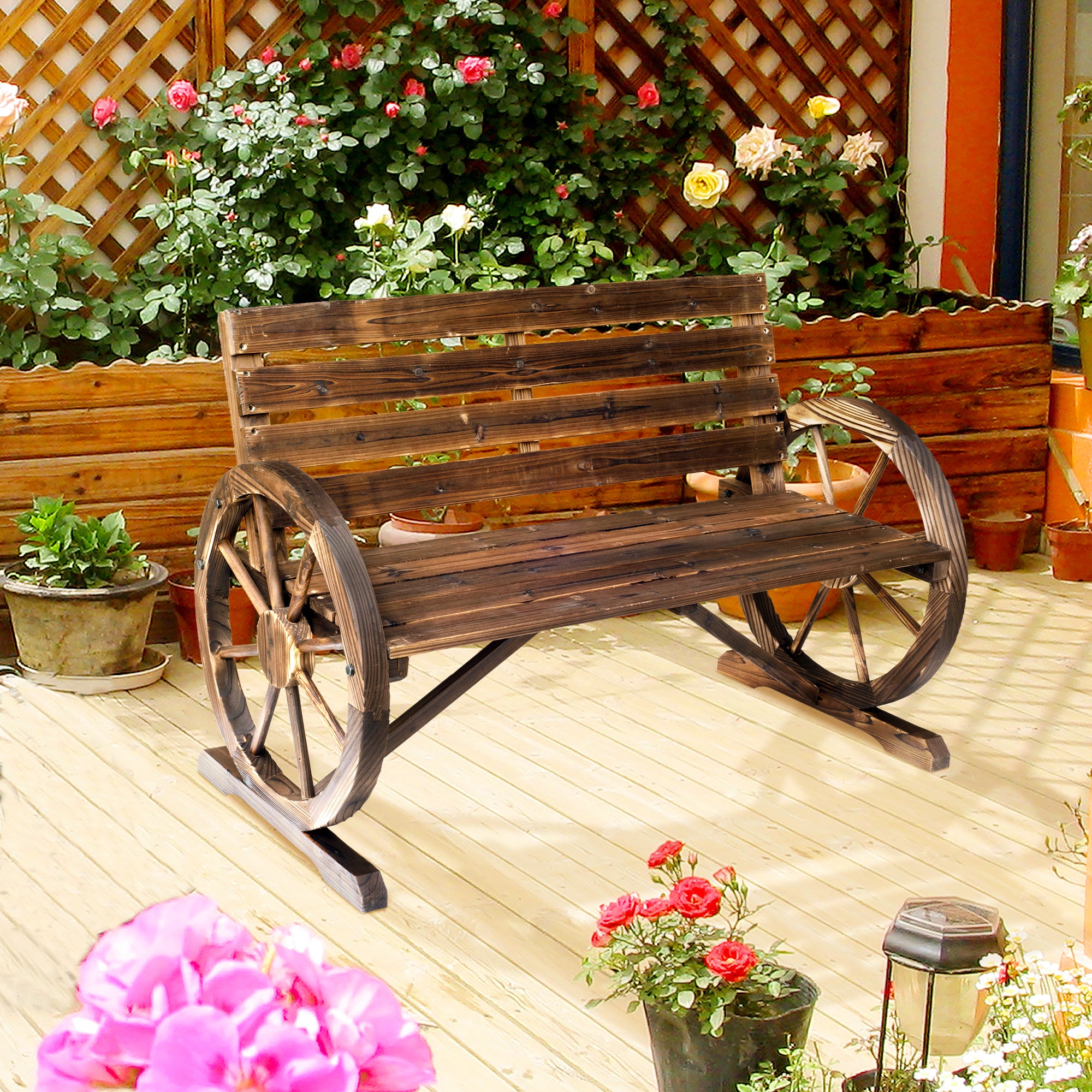 Outdoor Wooden Bench with Cartwheel Shaped Armrests Aged Look Garden Balcony Terrace 105.5x59x75 cm Rustic Brown