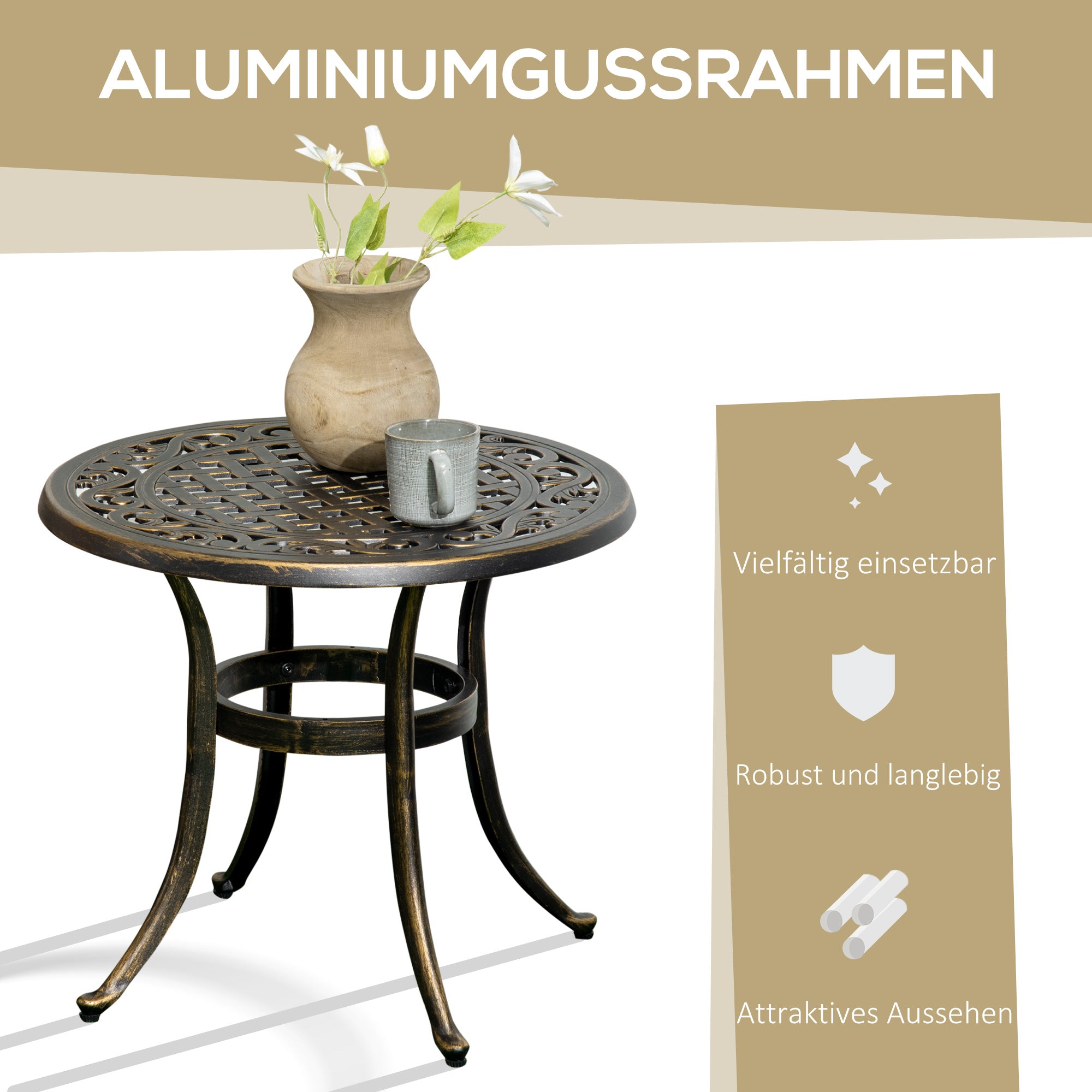 Round Outdoor Side Table, Cast Aluminum Frame, Ø60 x H52.5 cm (Ø24 x 20.7 in), 60 kg (132 lb) Capacity — Bronze