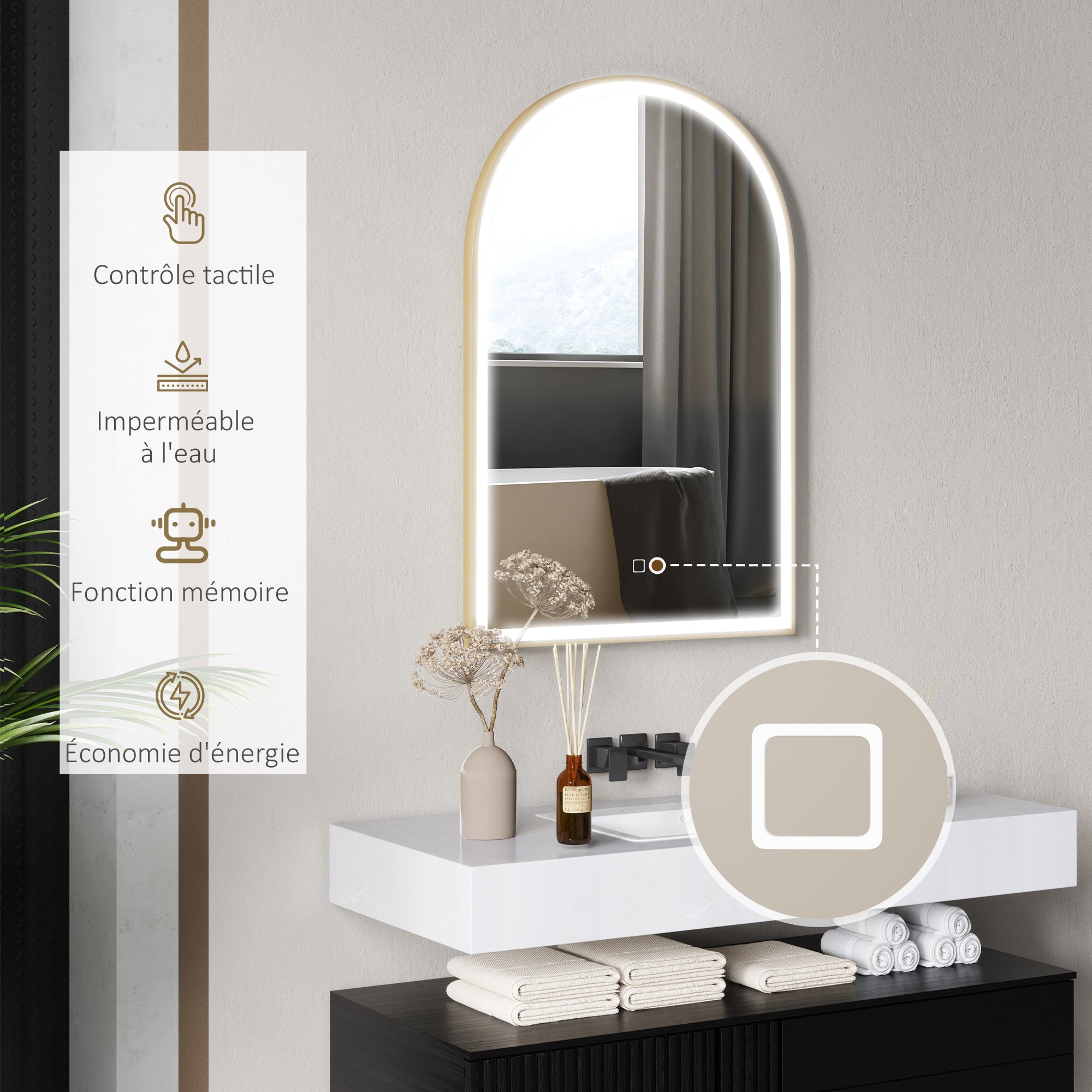 Bathroom Mirror 90 x 60 cm, Arched Wall Mirror, Bathroom Mirror with LED Lighting, Adjustable Light 3 Colors, Anti-fog, Memory, Touch Switch, Aluminum Frame - Gold