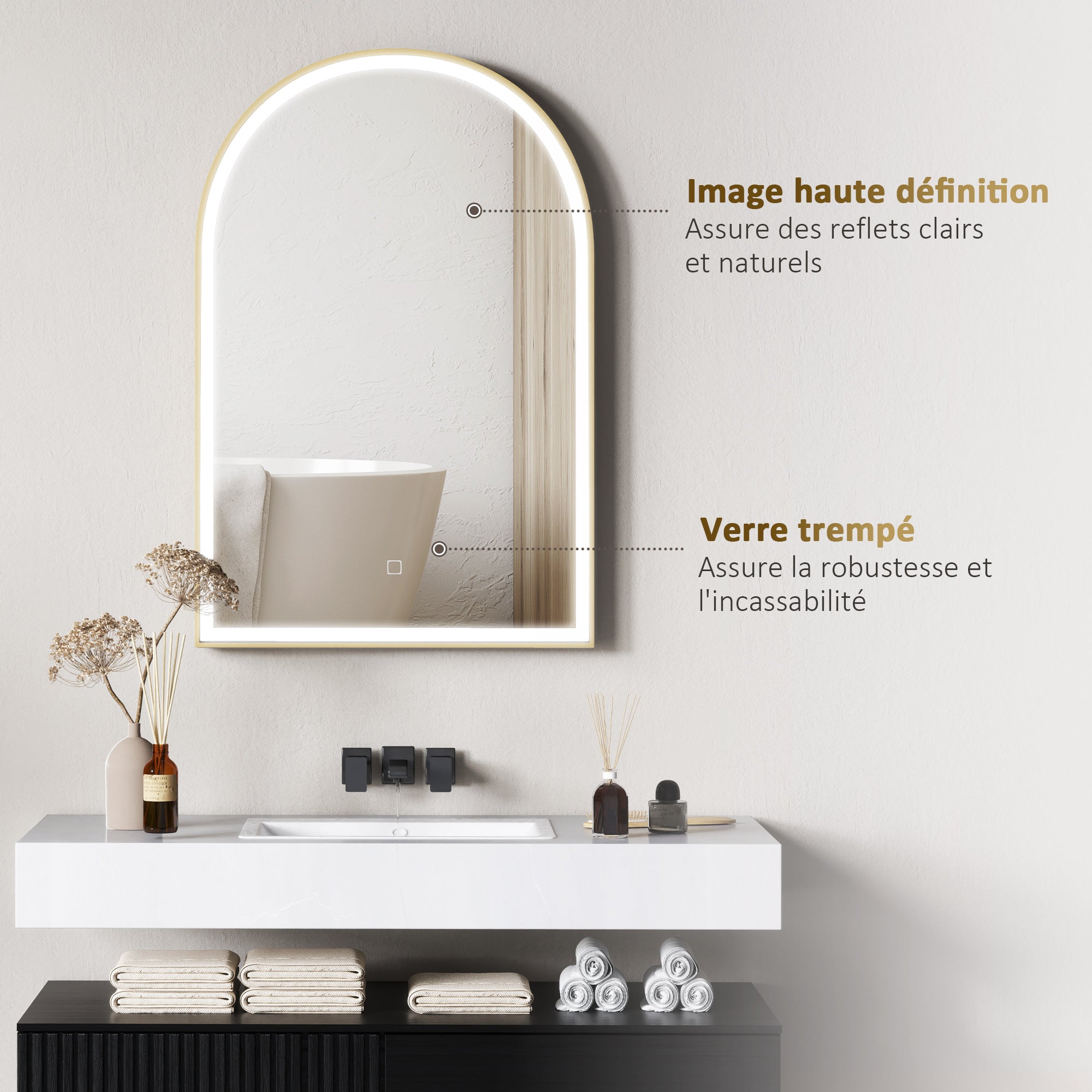 Bathroom Mirror 90 x 60 cm, Arched Wall Mirror, Bathroom Mirror with LED Lighting, Adjustable Light 3 Colors, Anti-fog, Memory, Touch Switch, Aluminum Frame - Gold