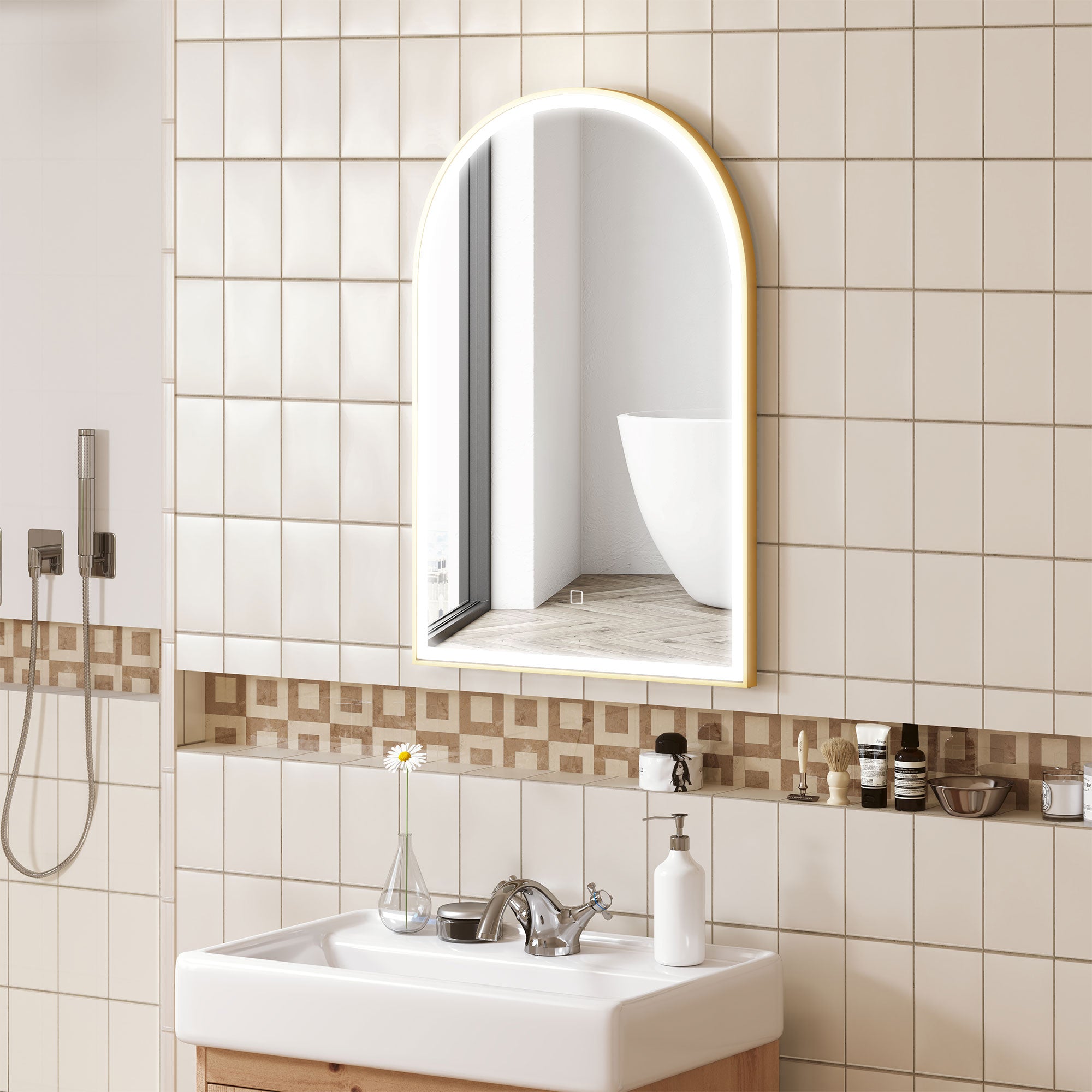 Bathroom Mirror 90 x 60 cm, Arched Wall Mirror, Bathroom Mirror with LED Lighting, Adjustable Light 3 Colors, Anti-fog, Memory, Touch Switch, Aluminum Frame - Gold