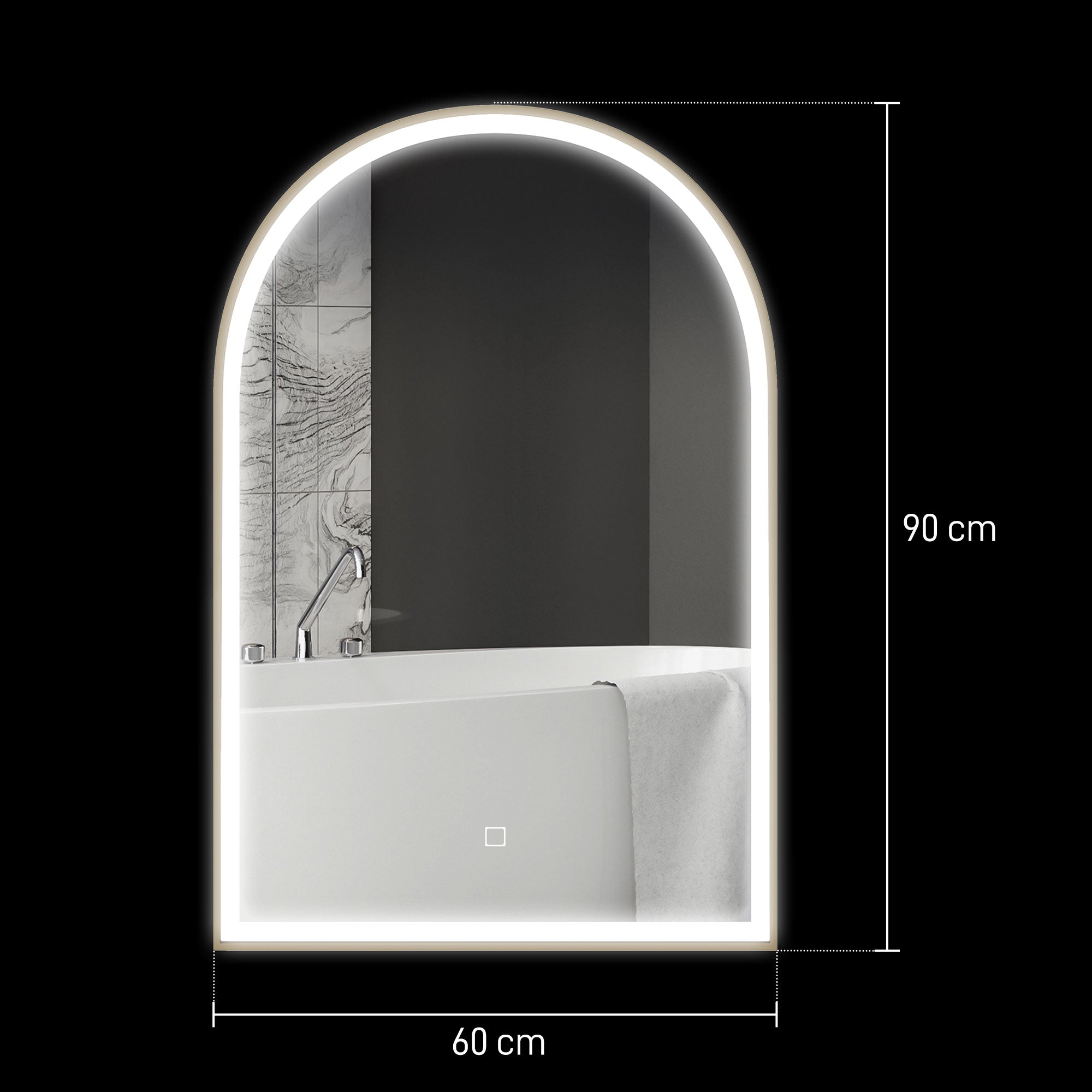 Bathroom Mirror 90 x 60 cm, Arched Wall Mirror, Bathroom Mirror with LED Lighting, Adjustable Light 3 Colors, Anti-fog, Memory, Touch Switch, Aluminum Frame - Gold