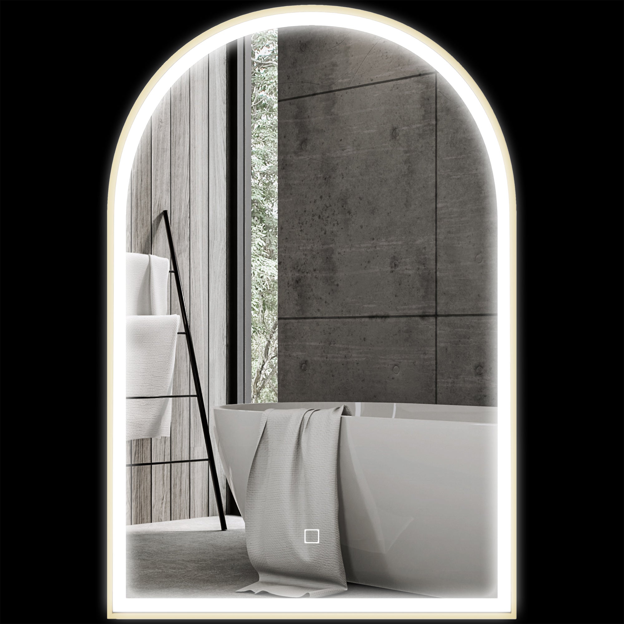 Bathroom Mirror 90 x 60 cm, Arched Wall Mirror, Bathroom Mirror with LED Lighting, Adjustable Light 3 Colors, Anti-fog, Memory, Touch Switch, Aluminum Frame - Gold