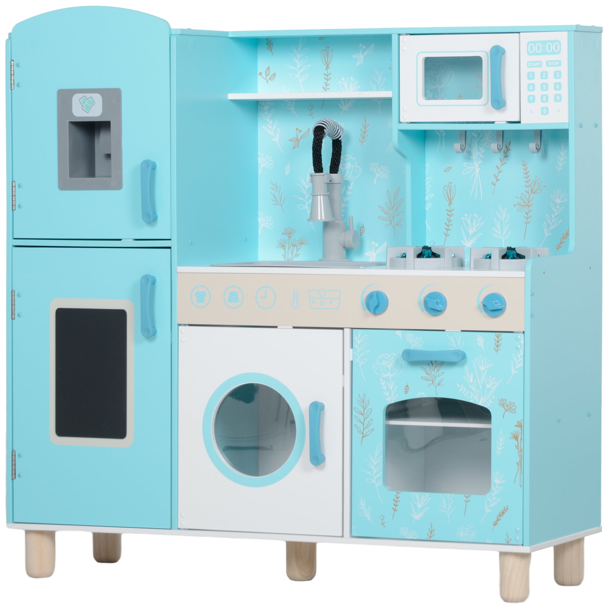 Toy Kitchen for Kids +3 Years Children's Wooden Kitchen with Sound Stove Oven Sink Microwave Washer Ice Maker and Blue Kitchen Accessories