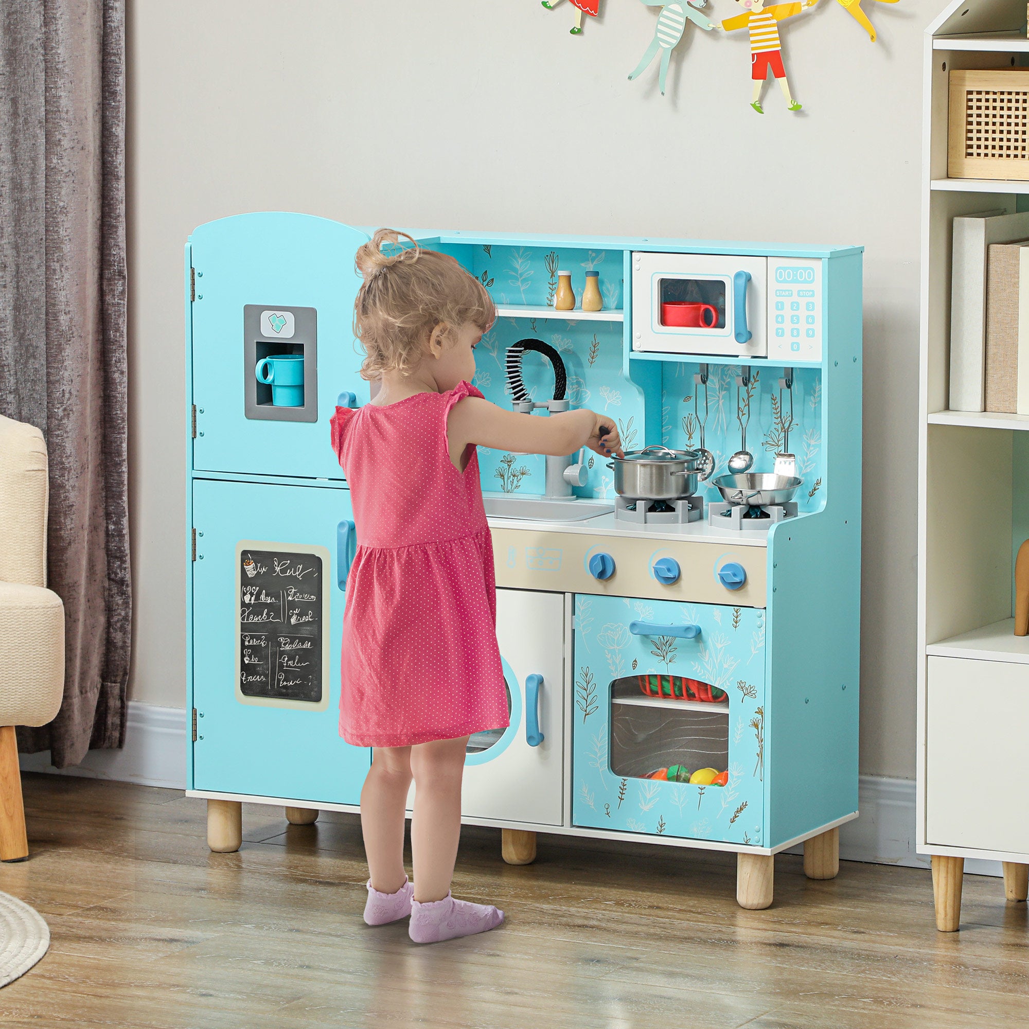 Toy Kitchen for Kids +3 Years Children's Wooden Kitchen with Sound Stove Oven Sink Microwave Washer Ice Maker and Blue Kitchen Accessories