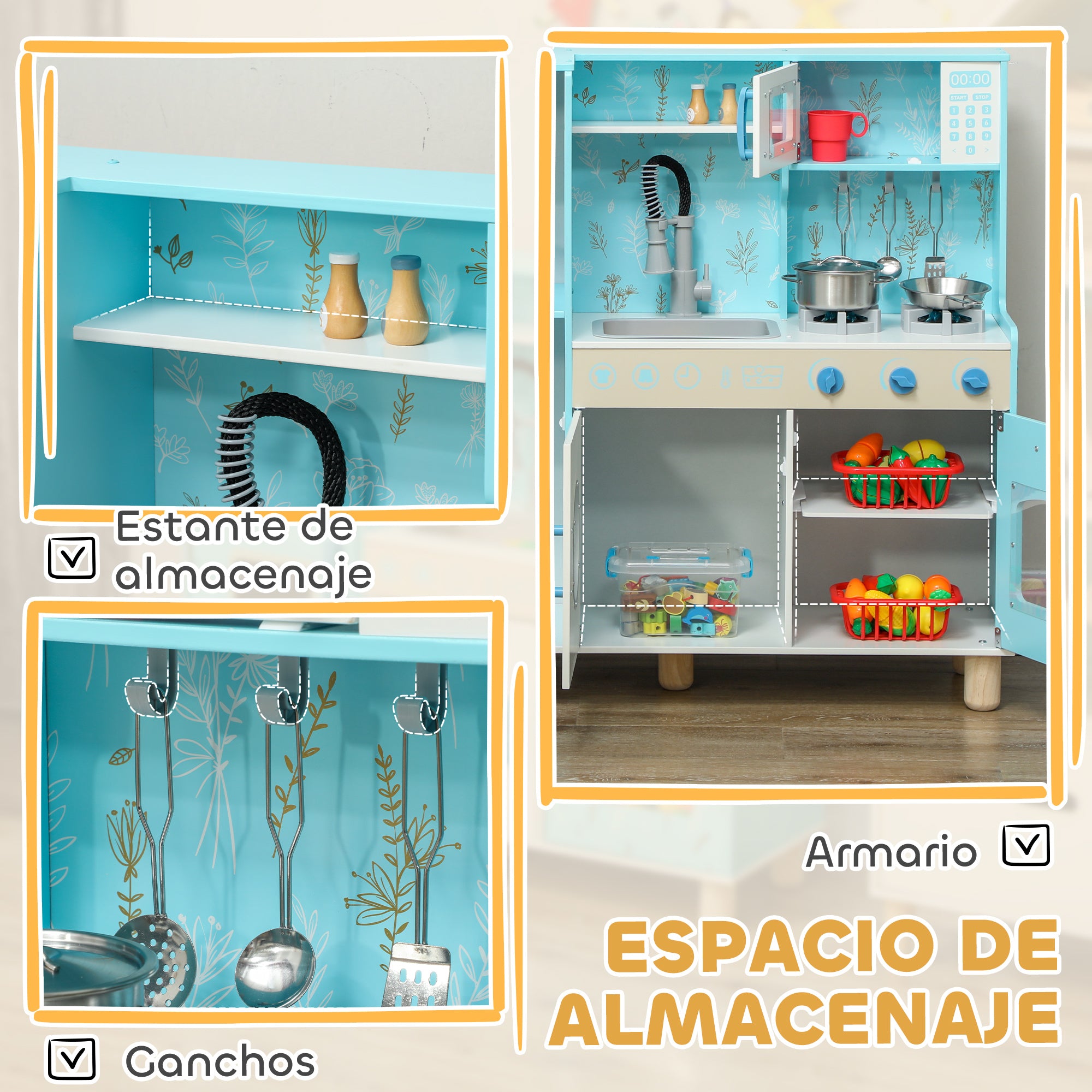 Toy Kitchen for Kids +3 Years Children's Wooden Kitchen with Sound Stove Oven Sink Microwave Washer Ice Maker and Blue Kitchen Accessories