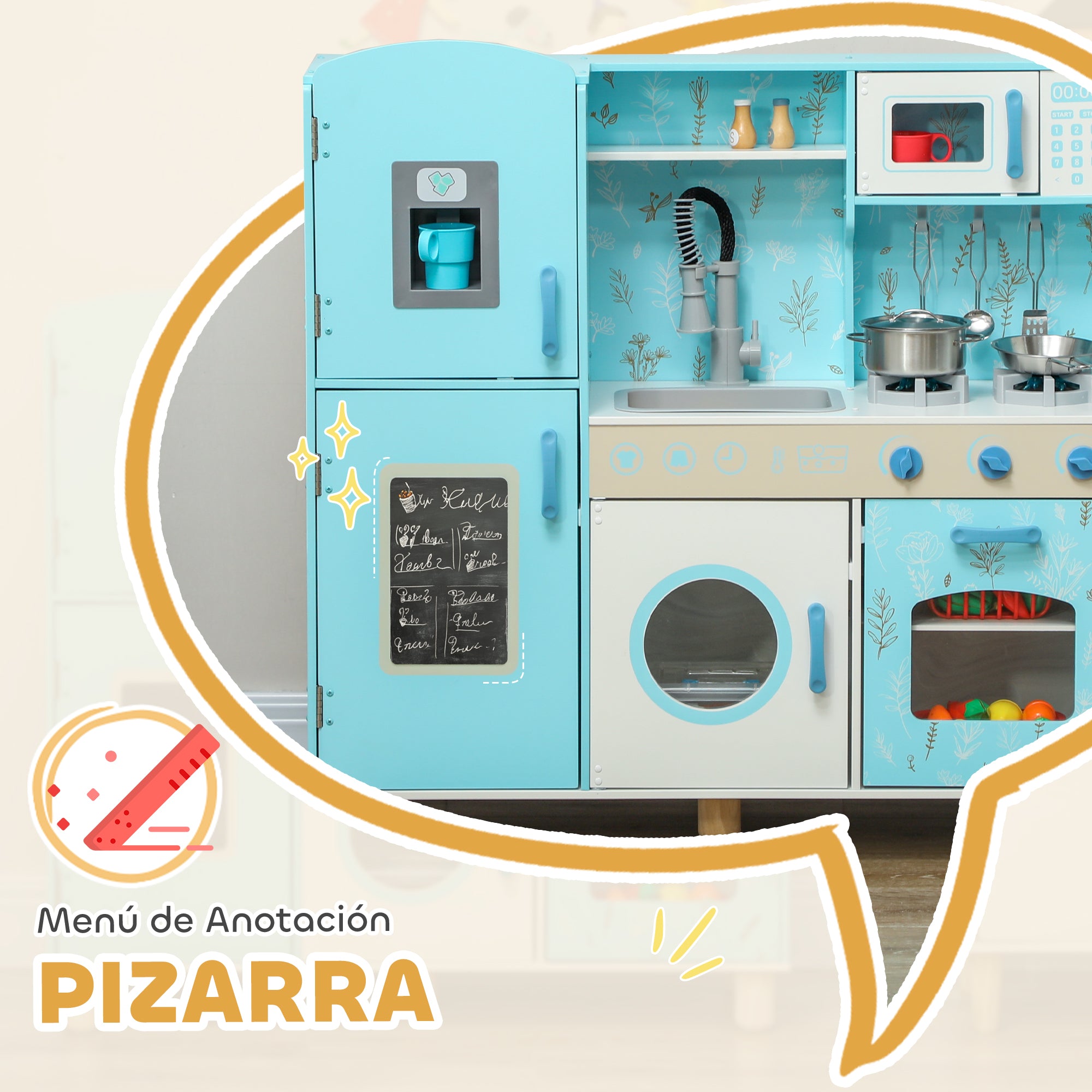 Toy Kitchen for Kids +3 Years Children's Wooden Kitchen with Sound Stove Oven Sink Microwave Washer Ice Maker and Blue Kitchen Accessories