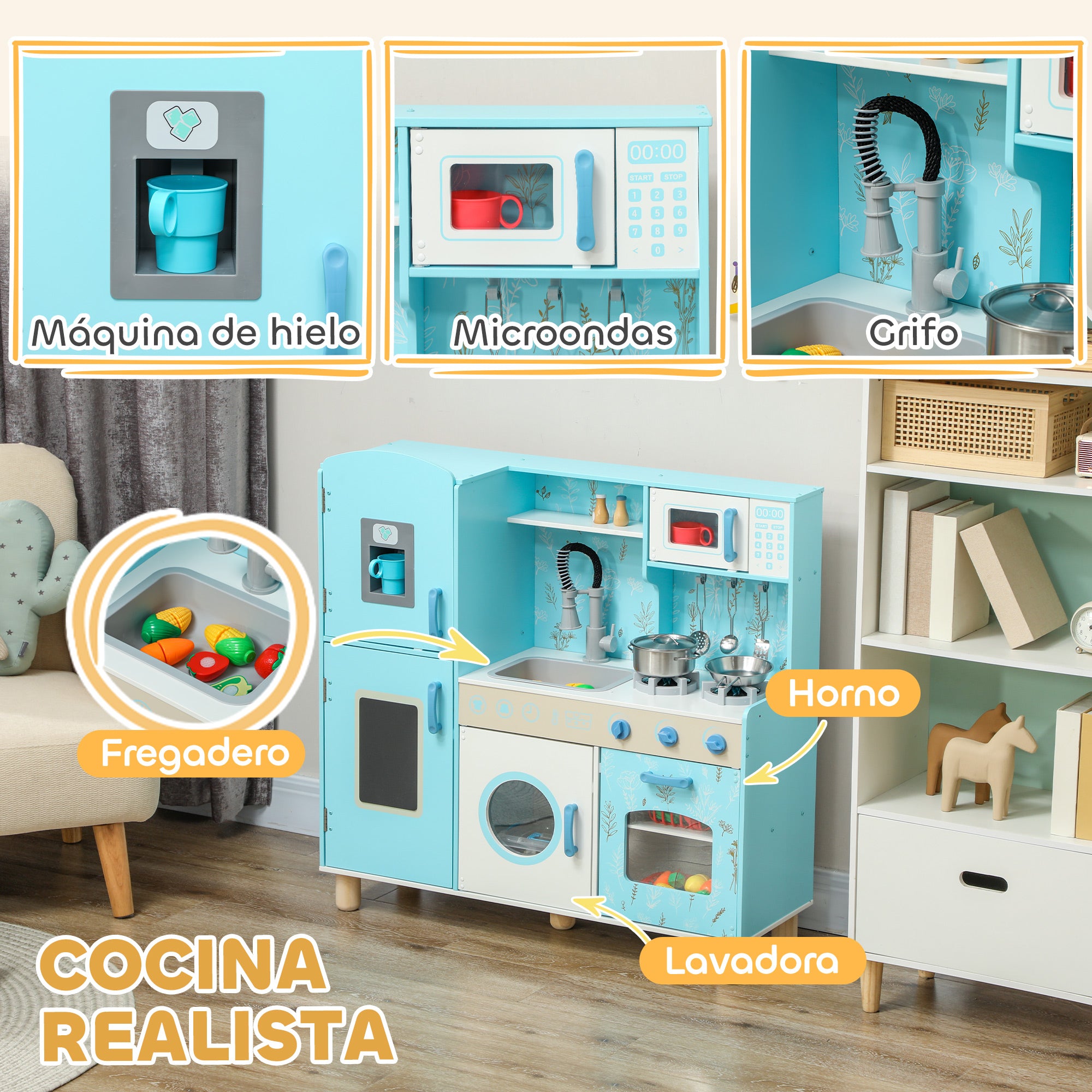 Toy Kitchen for Kids +3 Years Children's Wooden Kitchen with Sound Stove Oven Sink Microwave Washer Ice Maker and Blue Kitchen Accessories
