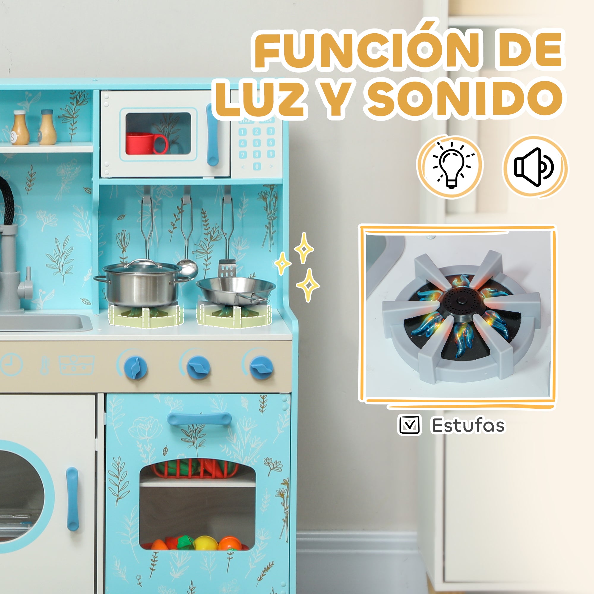 Toy Kitchen for Kids +3 Years Children's Wooden Kitchen with Sound Stove Oven Sink Microwave Washer Ice Maker and Blue Kitchen Accessories