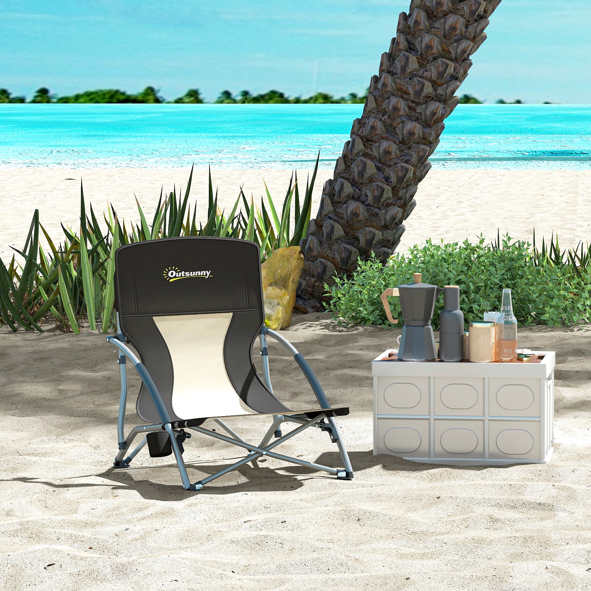Folding Beach Chair, Lightweight Camping Chair 2.2 kg, with Mesh Backrest, Carrying Bag, and Cup Holder for Garden, Picnic, Festival, Travel, Black
