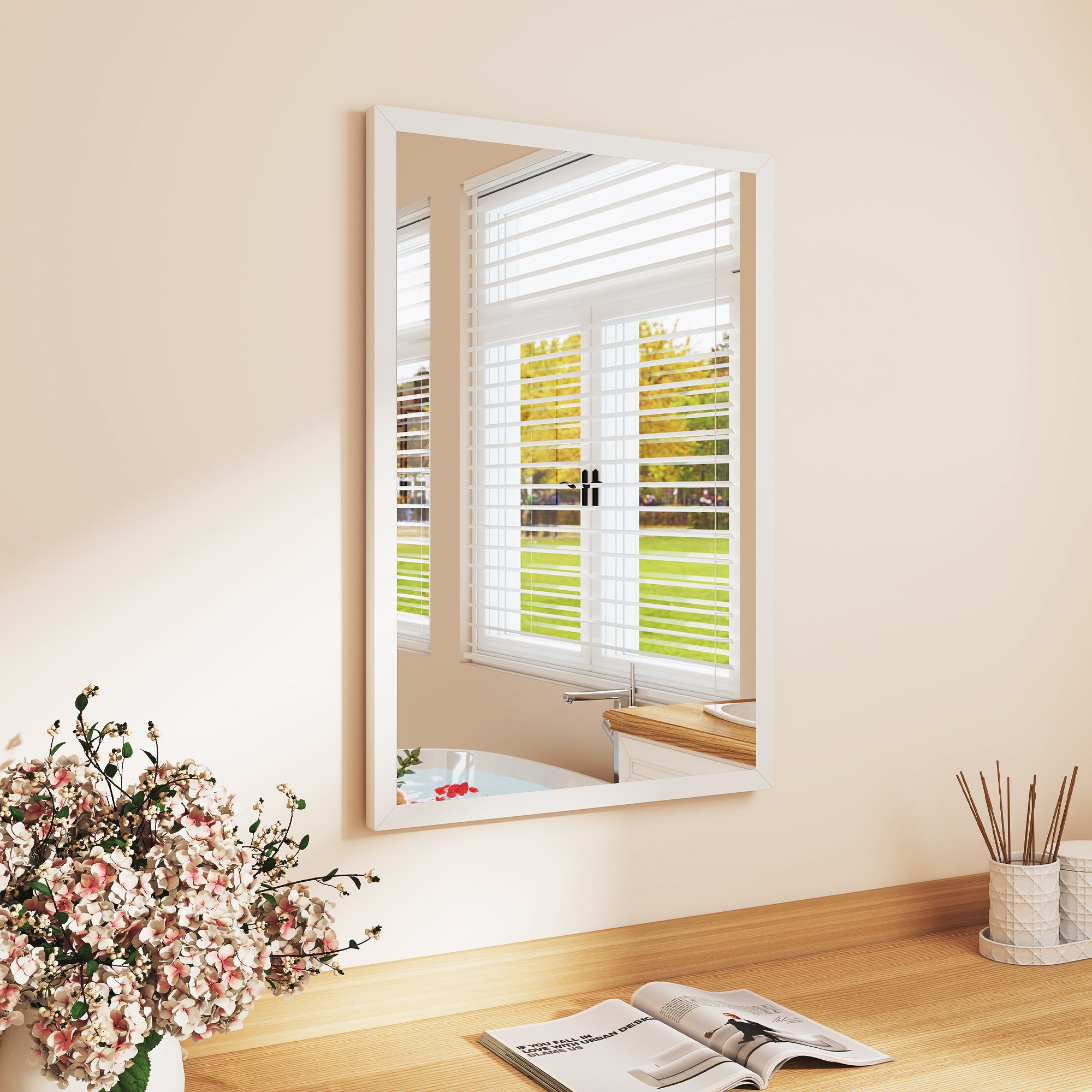 Rectangular Wall Mirror 16 x 24 in (W x H), White Wood Frame — Ideal for Bathroom, Living Room or Bedroom