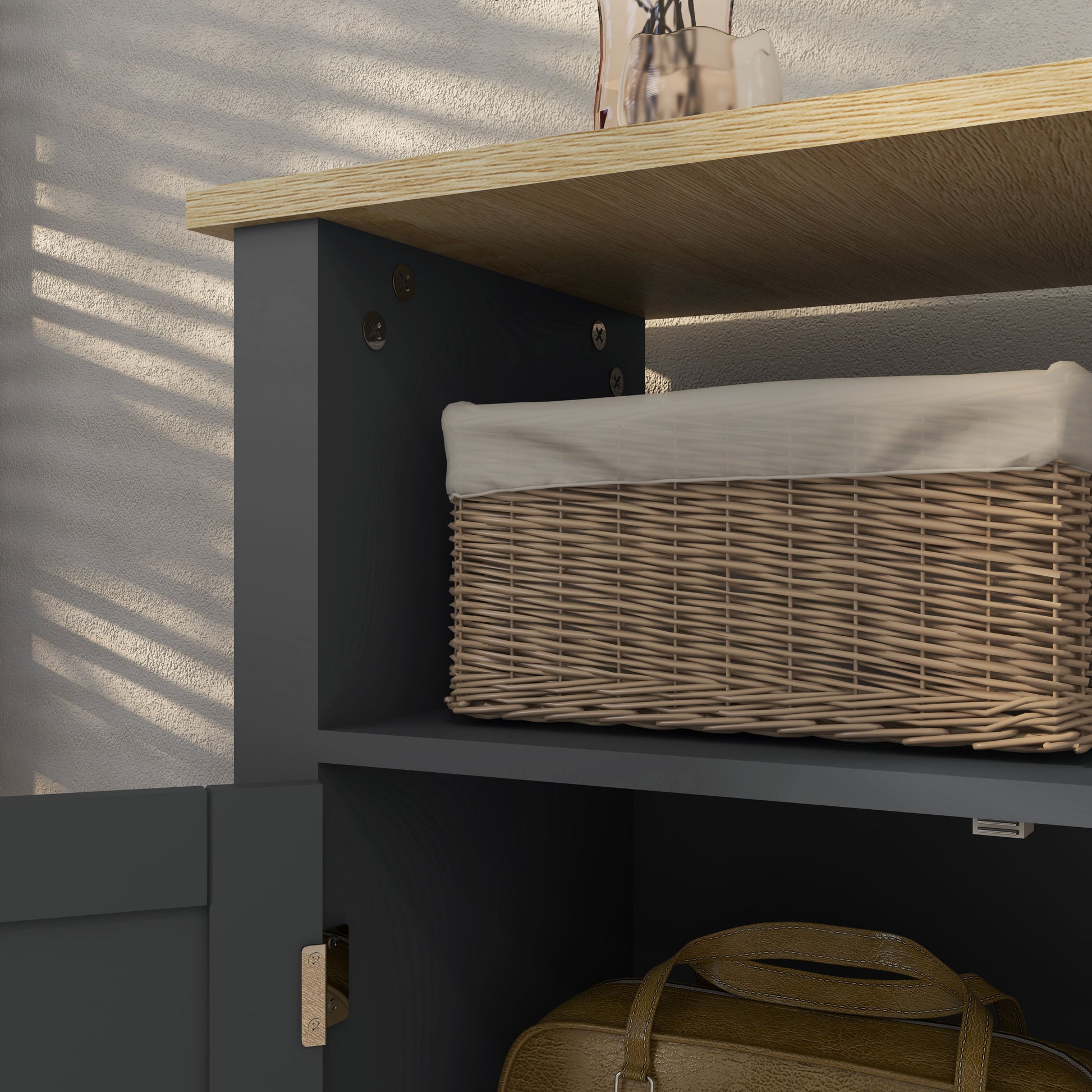 Bathroom Cabinet with 3 Shelves in MDF and Particleboard with Adjustable Interior Shelf and 2 Raised Doors, 60x30x80.5 cm, Gray and Wood Color