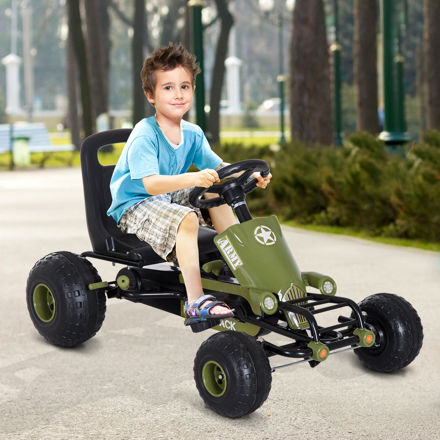 Go Kart Pedal Car with Hand Brake, Forward and Reverse Gear, Children's Vehicle Kettcar Pedal Car with Adjustable Seat for Children 3-6 Years, 99 x 65 x 56cm Green