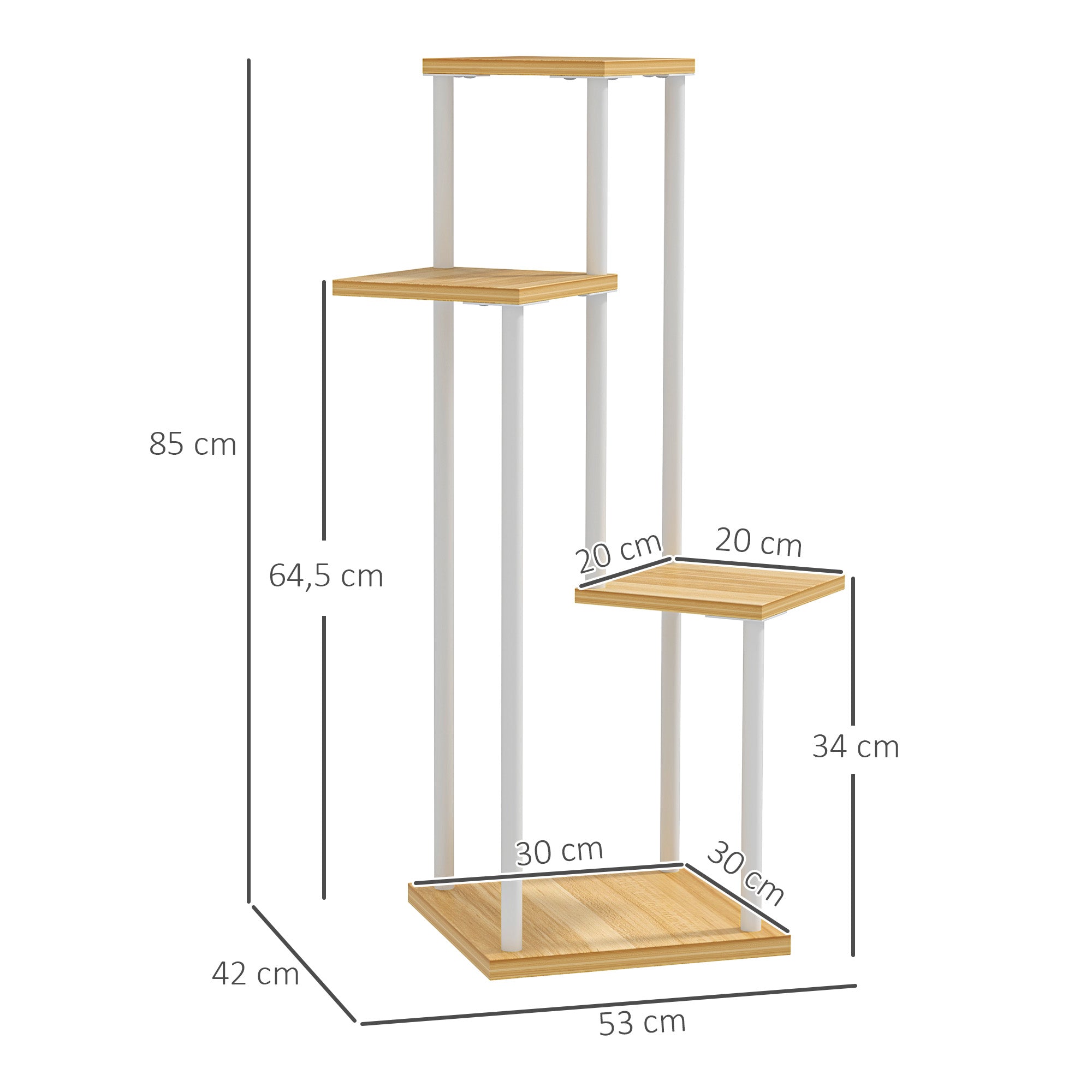 4-Tier Plant Stand Wooden and Steel Plant Holder with 4 Square Shelves Pot Stand for Indoor and Outdoor 53x42x85 cm Natural and White