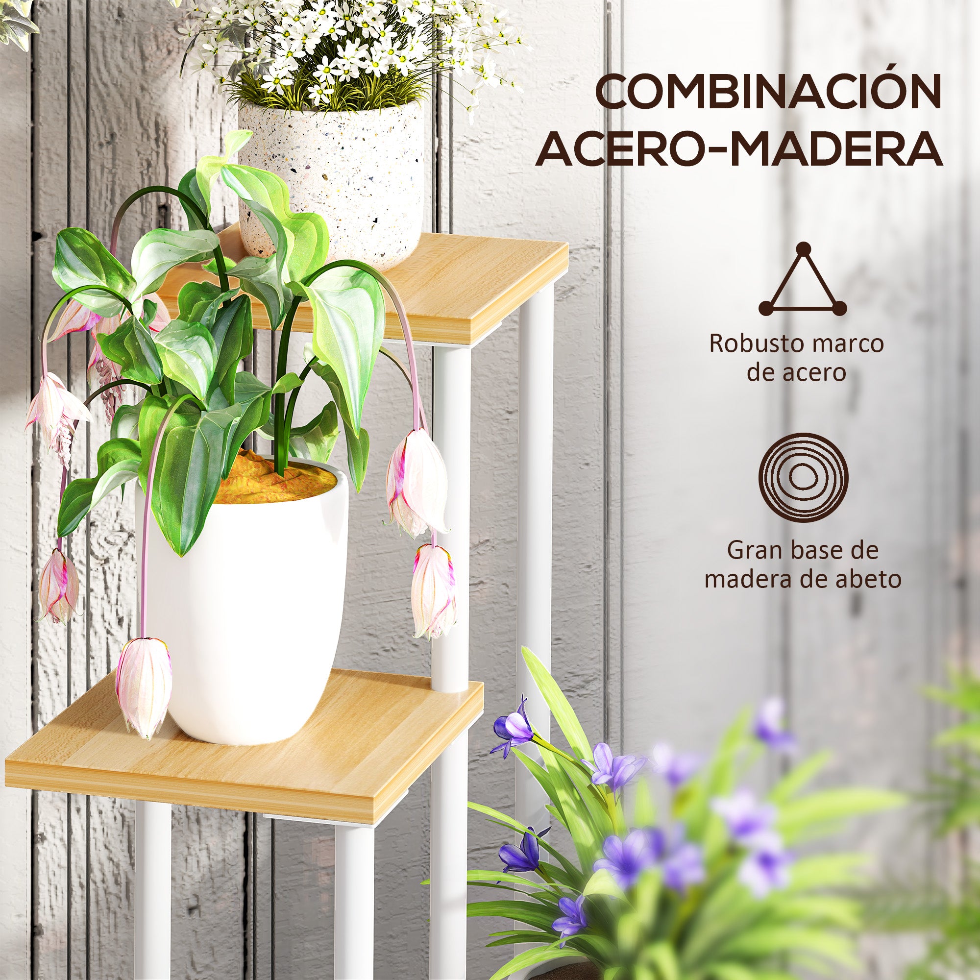 4-Tier Plant Stand Wooden and Steel Plant Holder with 4 Square Shelves Pot Stand for Indoor and Outdoor 53x42x85 cm Natural and White