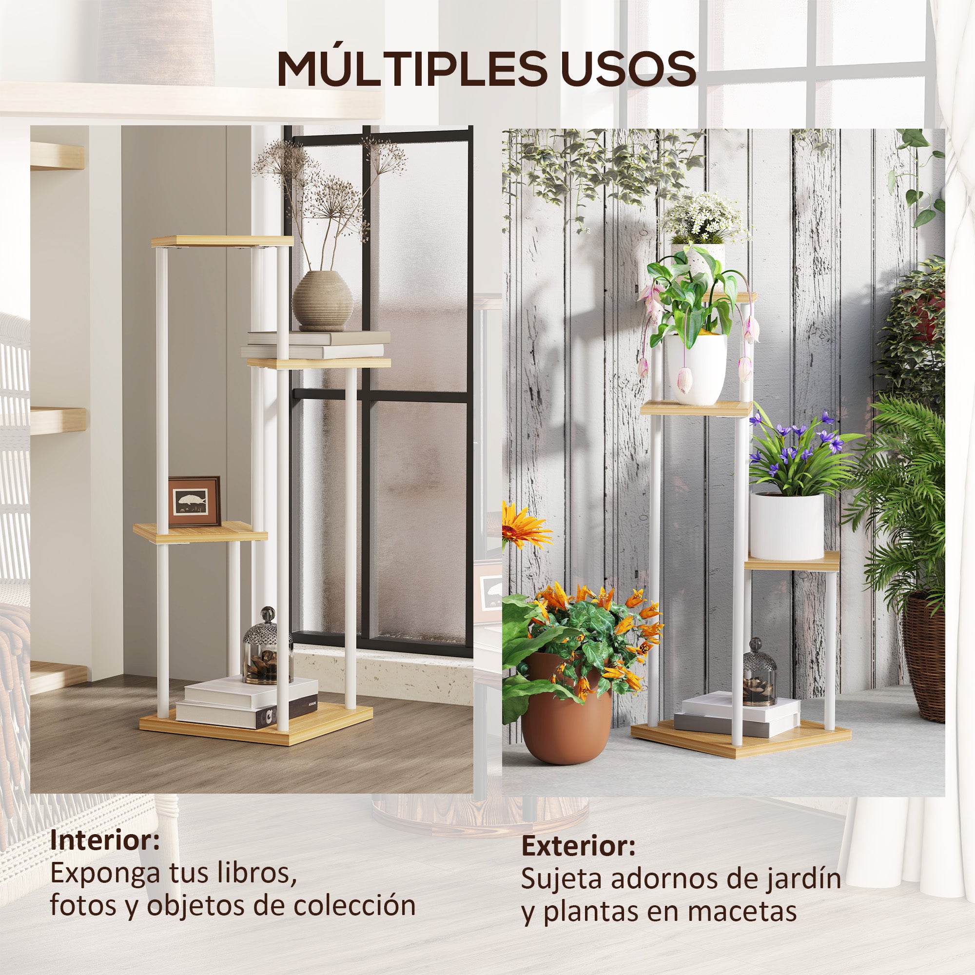 4-Tier Plant Stand Wooden and Steel Plant Holder with 4 Square Shelves Pot Stand for Indoor and Outdoor 53x42x85 cm Natural and White