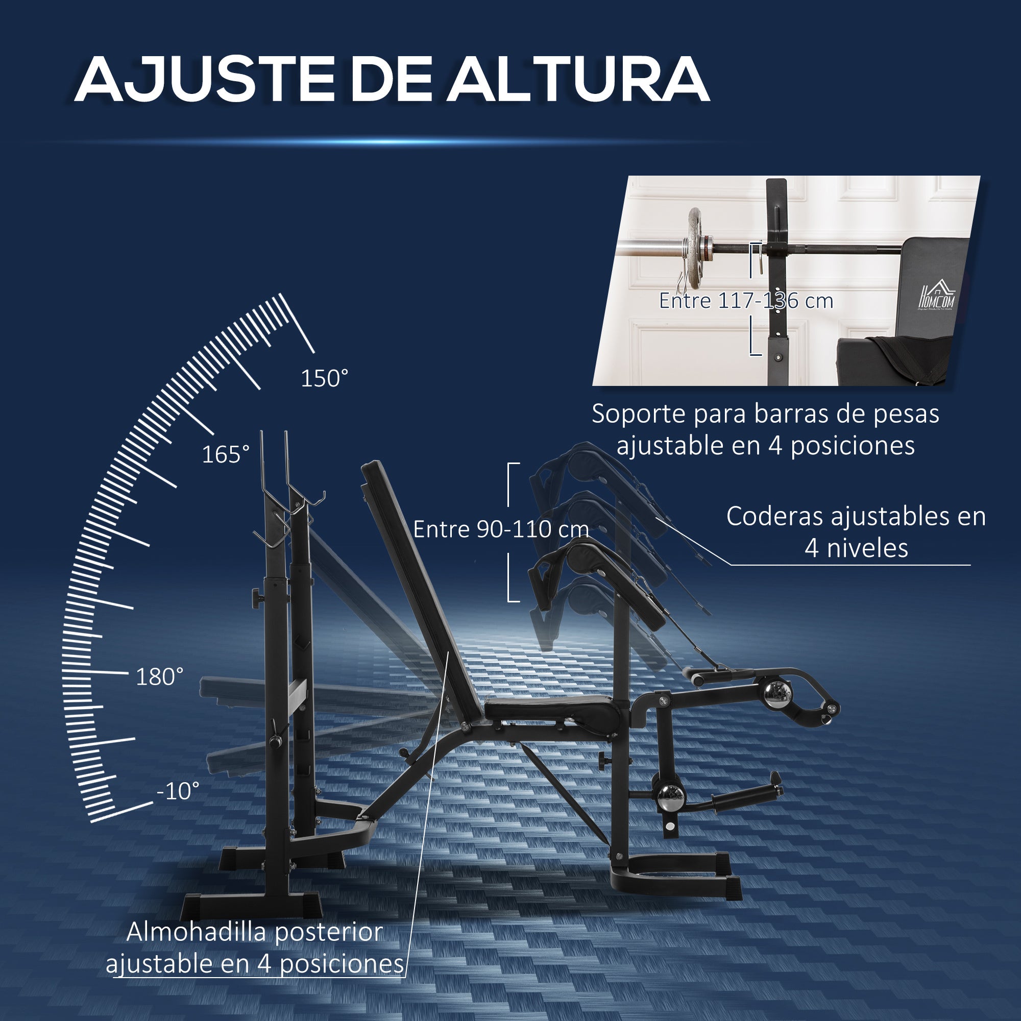 Multifunctional Weight Bench Weight Bench with Adjustable Backrest and Height Adjustable Weight Rack for Full Body Training Gym Load 300 kg 187x140x117-136 cm Black