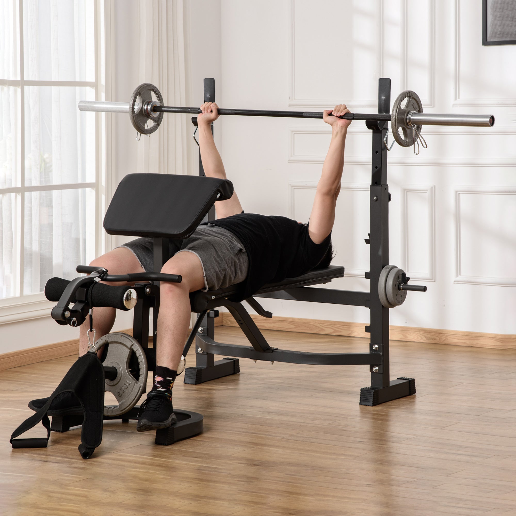 Multifunctional Weight Bench Weight Bench with Adjustable Backrest and Height Adjustable Weight Rack for Full Body Training Gym Load 300 kg 187x140x117-136 cm Black