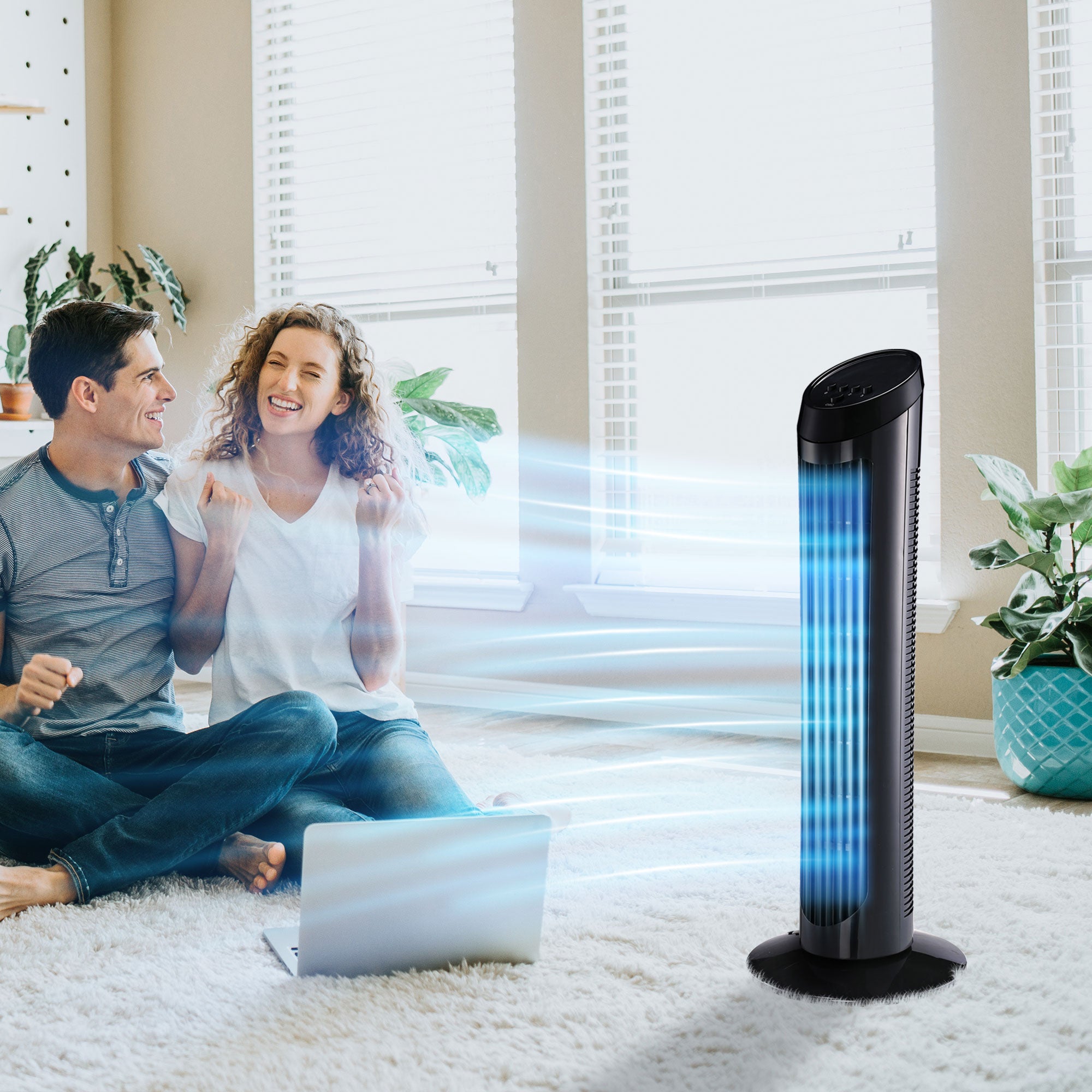 Stand Fan 45 W Tower Fan Fan quiet 3 Ventilation Levels, 70° Oscillation, ABS, Black, Ø27 x H75 cm