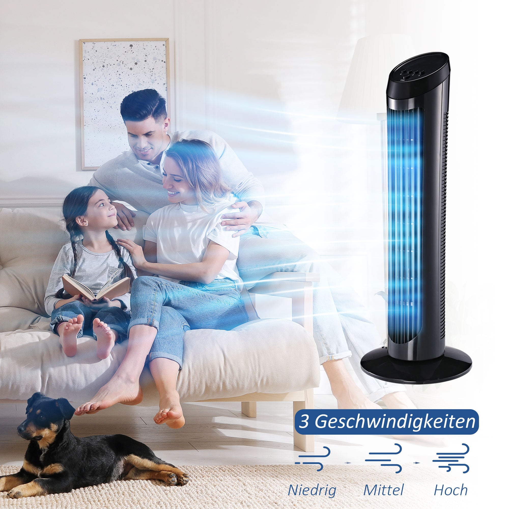Stand Fan 45 W Tower Fan Fan quiet 3 Ventilation Levels, 70° Oscillation, ABS, Black, Ø27 x H75 cm