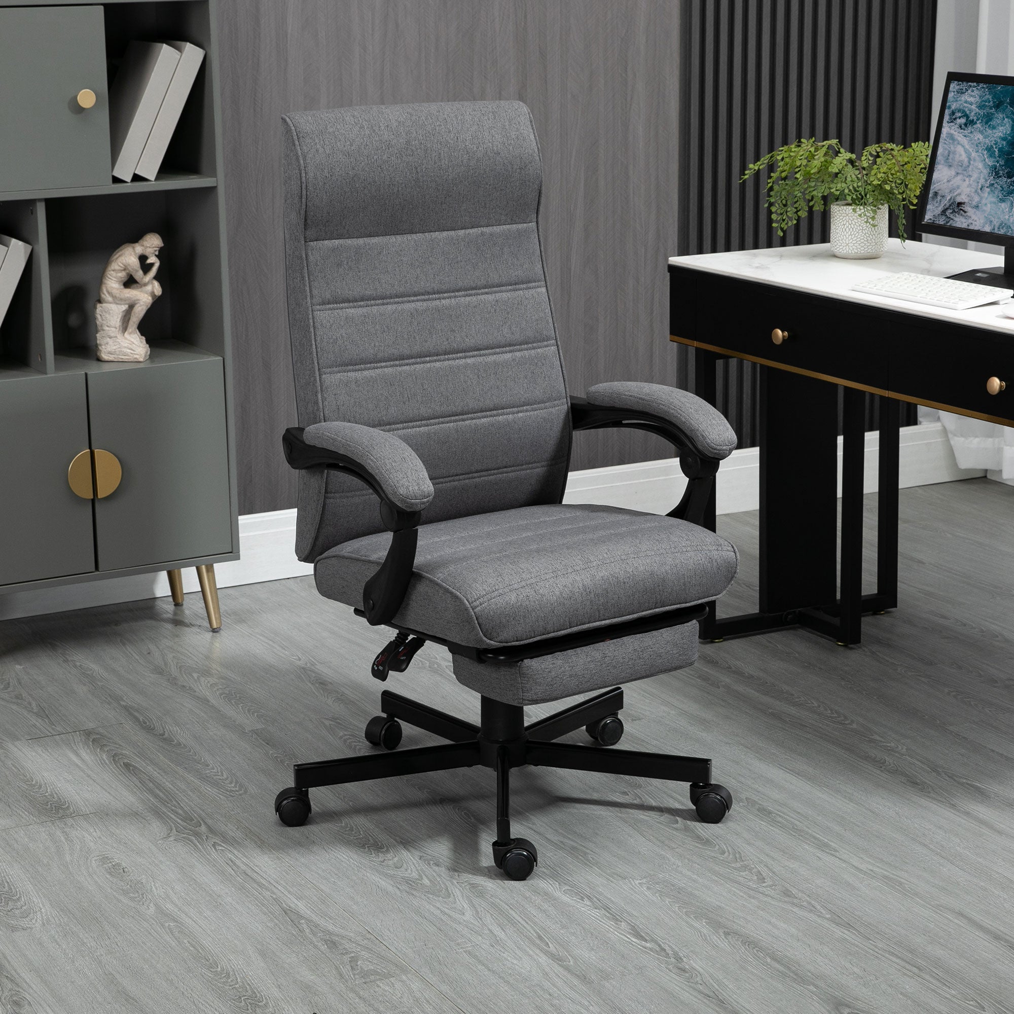 Reclining Office Chair Swivel Desk Chair with Adjustable Height, Retractable Footrest, and Armrests Study Chair Load 120 kg Gray