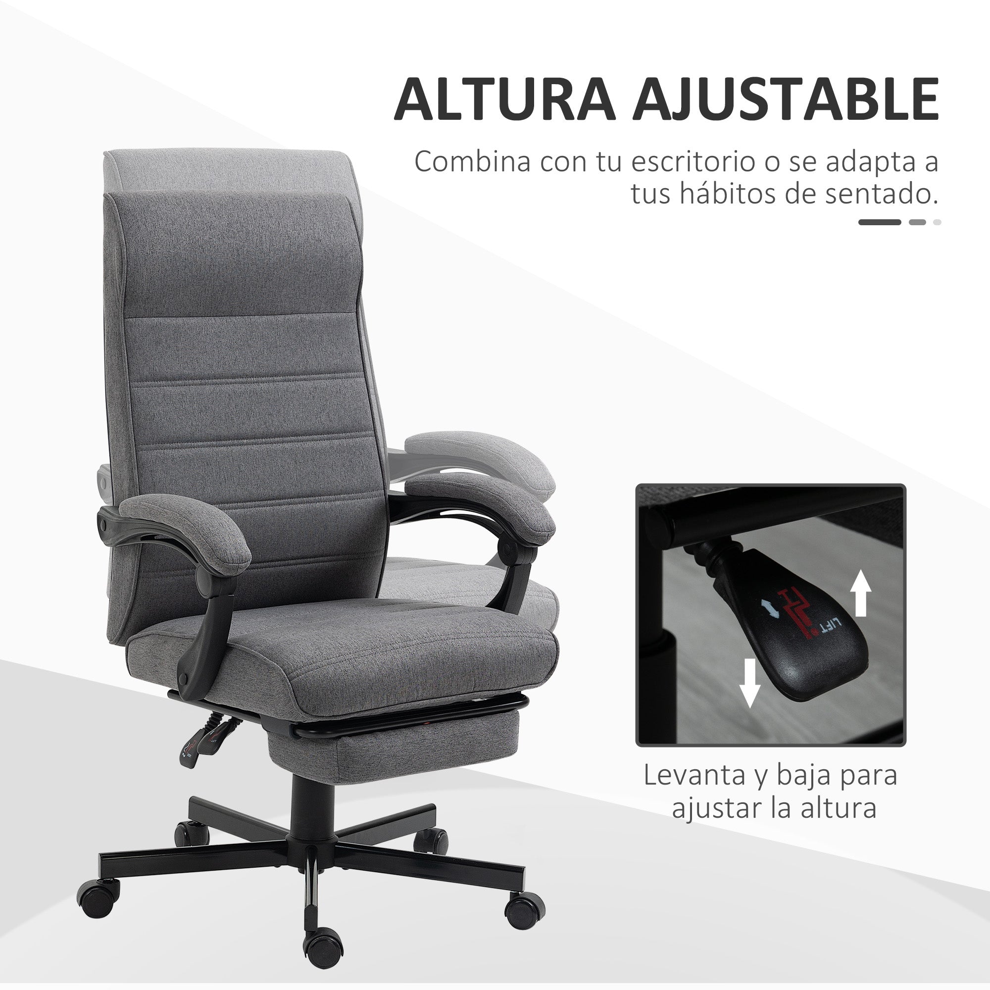 Reclining Office Chair Swivel Desk Chair with Adjustable Height, Retractable Footrest, and Armrests Study Chair Load 120 kg Gray