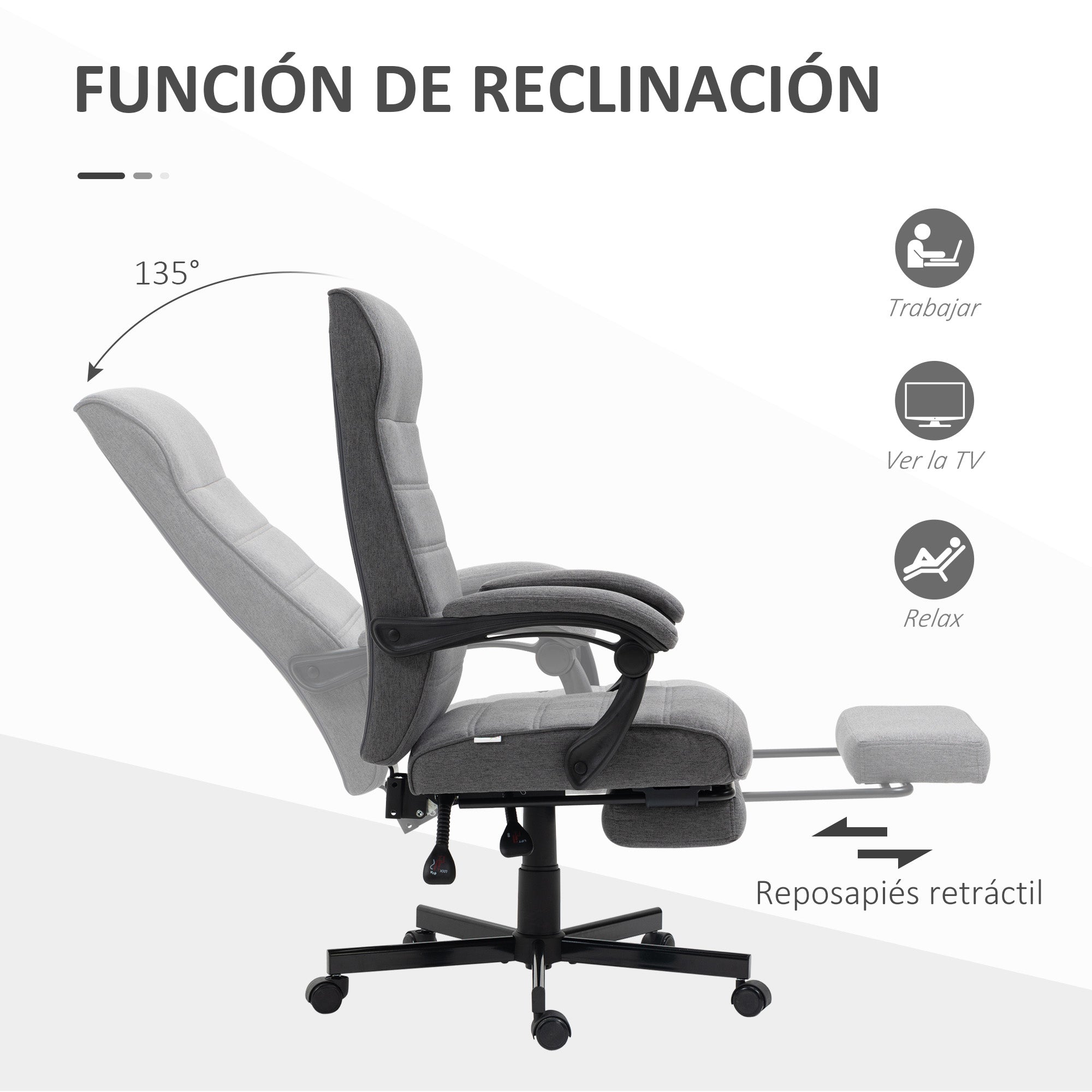 Reclining Office Chair Swivel Desk Chair with Adjustable Height, Retractable Footrest, and Armrests Study Chair Load 120 kg Gray