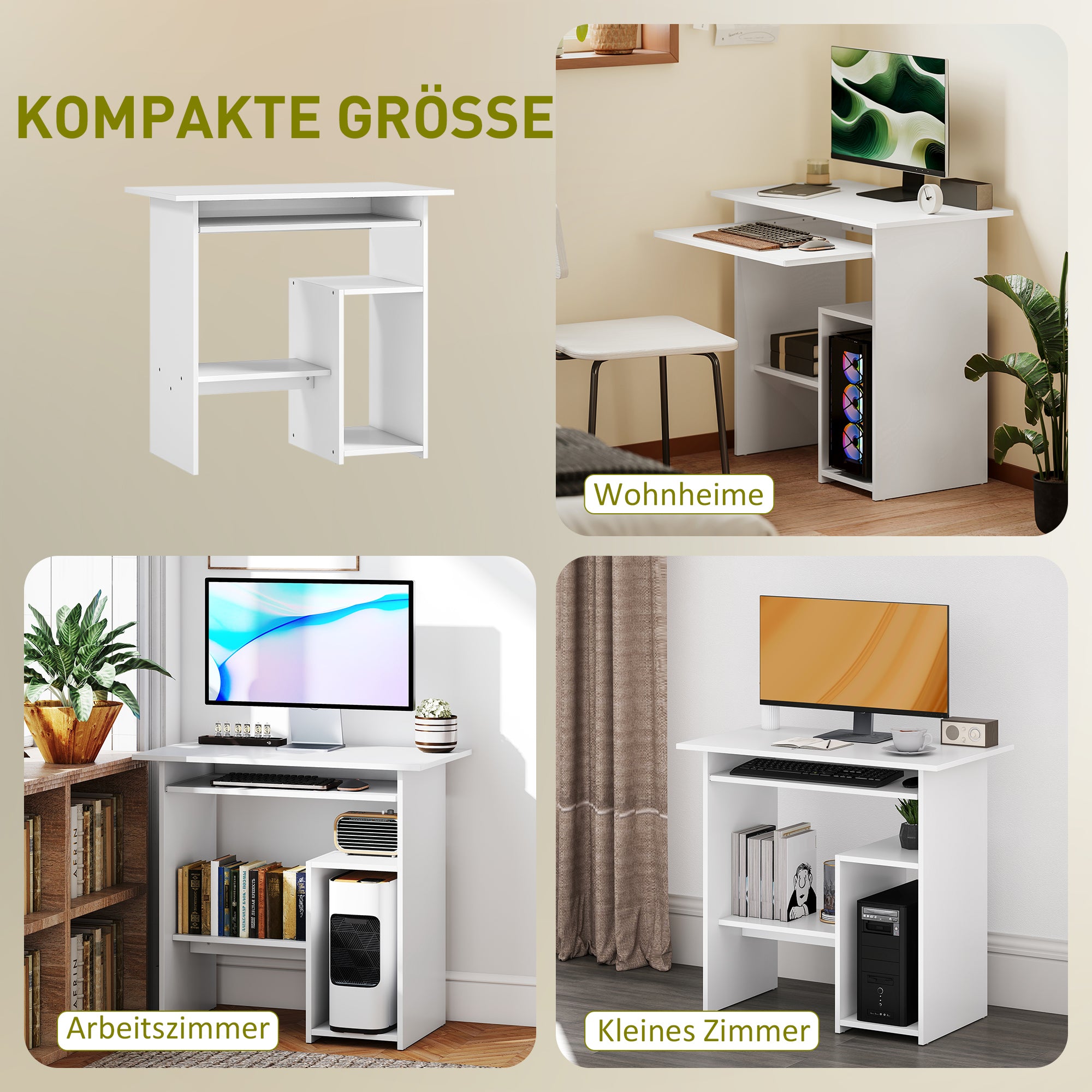 Desk, 80 x 45 cm, Computer Desk, Office Desk with Keyboard Tray, Open Compartments, and Shelves, Chipboard, for Home Office, Bedroom, White