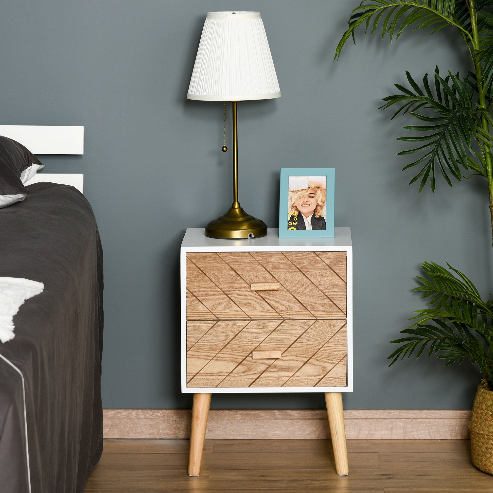 2-Drawer Dresser Bedroom Nightstand with Elevated Legs for Living Room 40x30x55.5 cm White and Natural