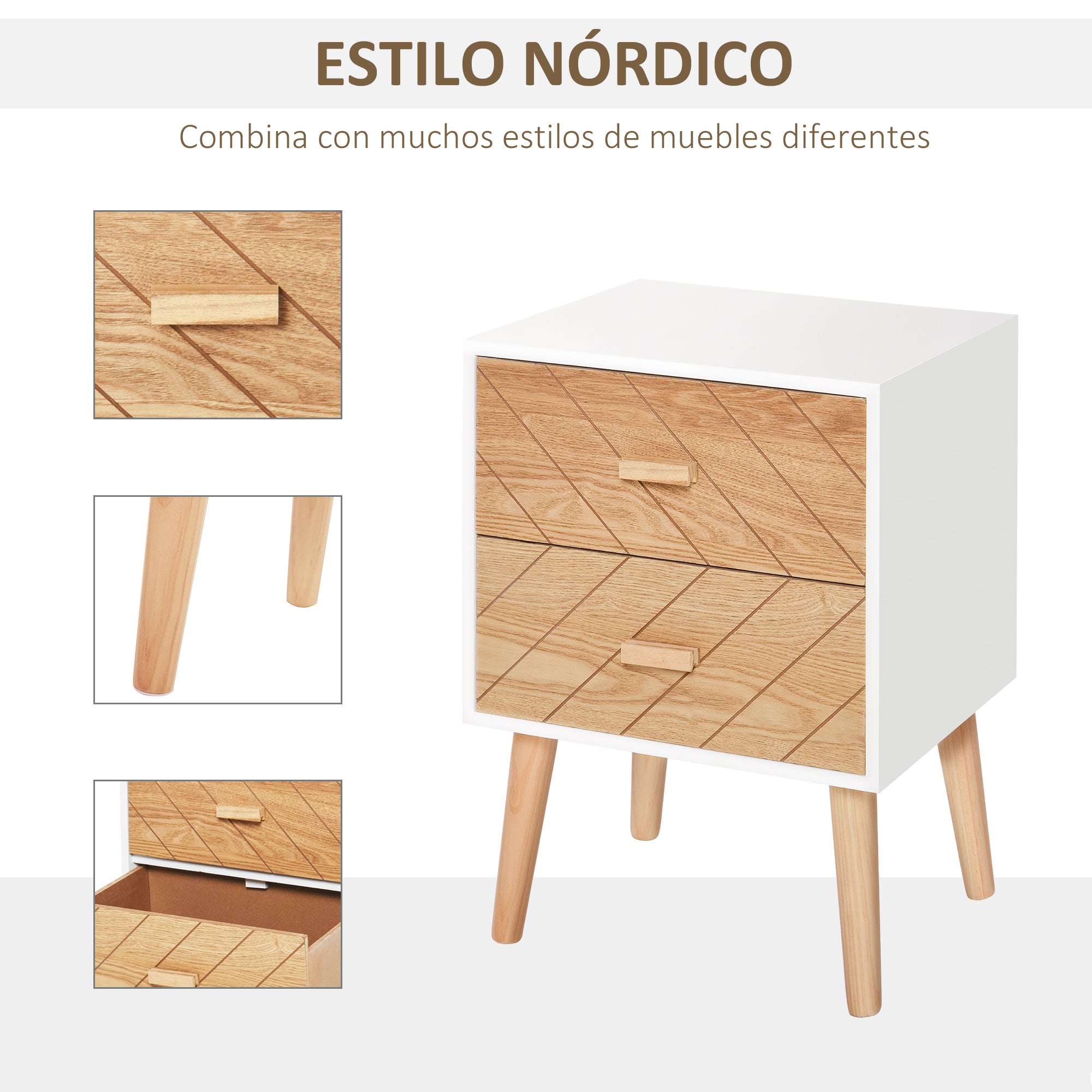 2-Drawer Dresser Bedroom Nightstand with Elevated Legs for Living Room 40x30x55.5 cm White and Natural