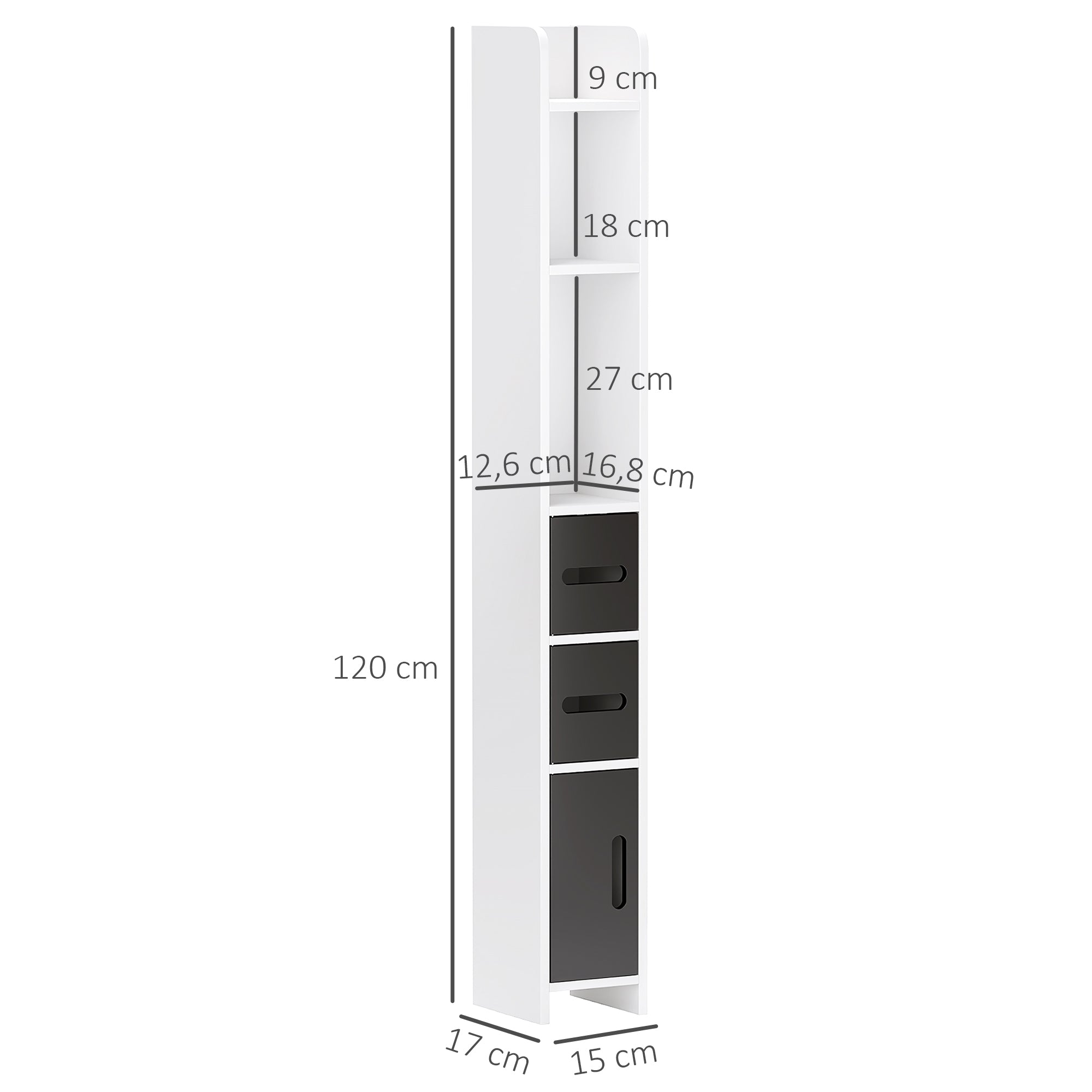 Bathroom Column Cabinet with 3 Doors 3 Open Shelves and Anti-Toppling System Modern Style 15x17x120 cm White and Black