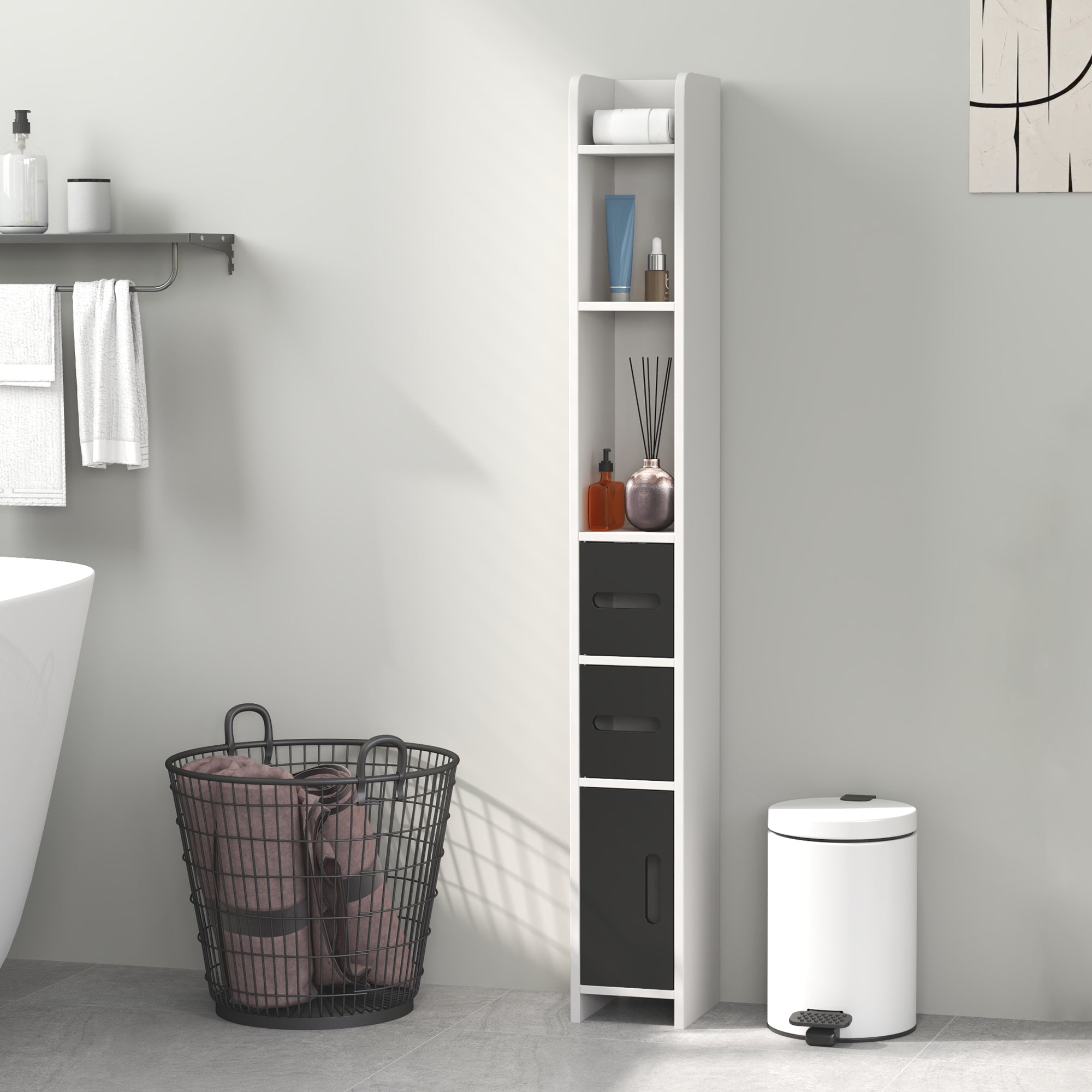 Bathroom Column Cabinet with 3 Doors 3 Open Shelves and Anti-Toppling System Modern Style 15x17x120 cm White and Black