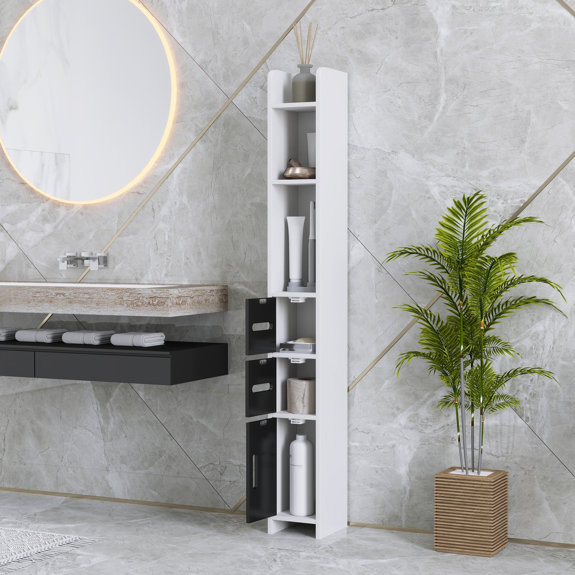 Bathroom Column Cabinet with 3 Doors 3 Open Shelves and Anti-Toppling System Modern Style 15x17x120 cm White and Black