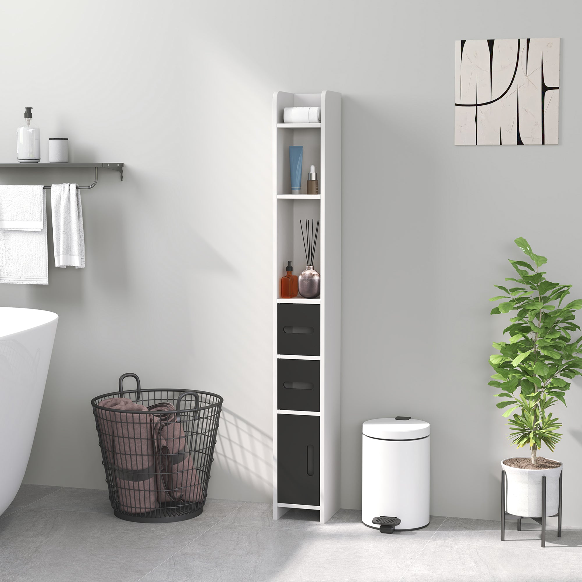 Bathroom Column Cabinet with 3 Doors 3 Open Shelves and Anti-Toppling System Modern Style 15x17x120 cm White and Black