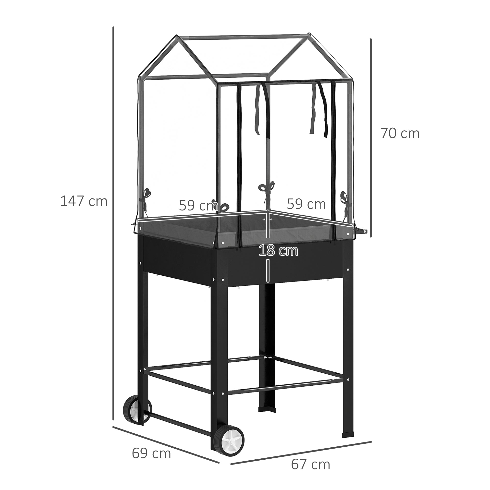 Raised Garden Bed on Legs with Plastic Cover, Elevated Planter with Wheels and Drainage Hole, Mini Greenhouse for Vegetables, Flowers, Herbs, 67 x 69 x 147 cm, Black