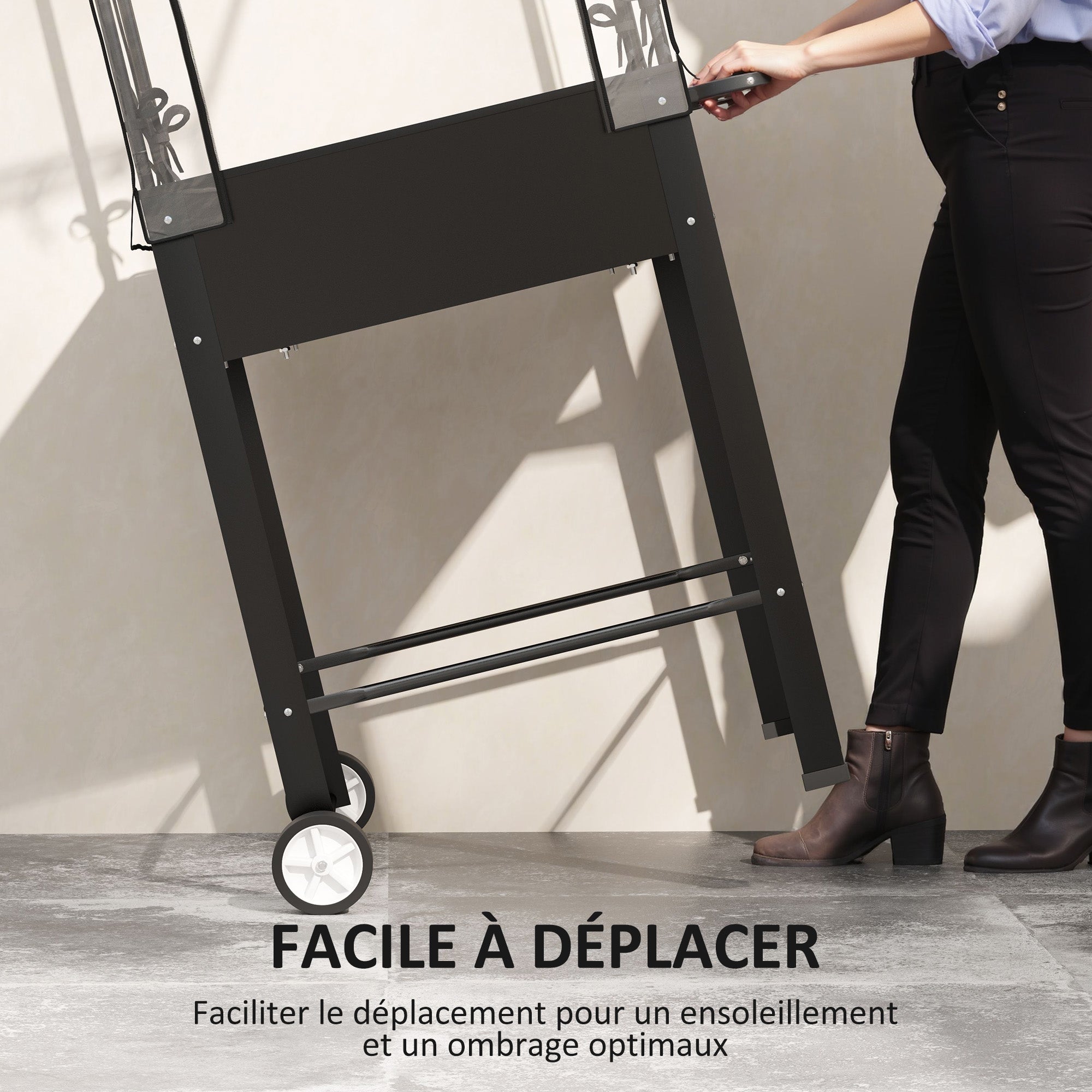 Raised Garden Bed on Legs with Plastic Cover, Elevated Planter with Wheels and Drainage Hole, Mini Greenhouse for Vegetables, Flowers, Herbs, 67 x 69 x 147 cm, Black