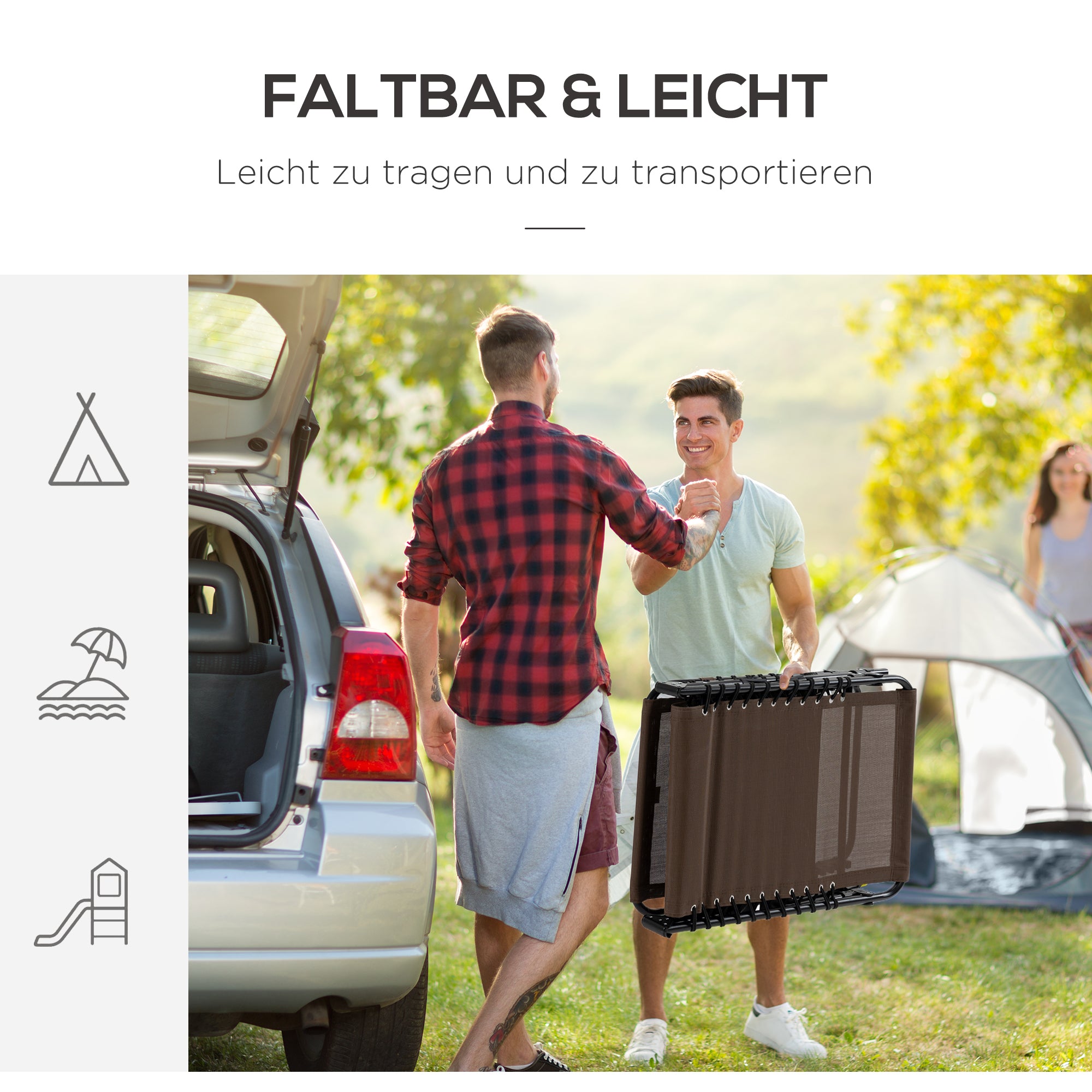 Foldable Sun Lounger Garden Lounger with Head Pillow, Side Pocket, Recliner with 5-Position Adjustable Backrest, weather-resistant Camping Lounger for up to 120 kg load, for garden beach pool, Brown