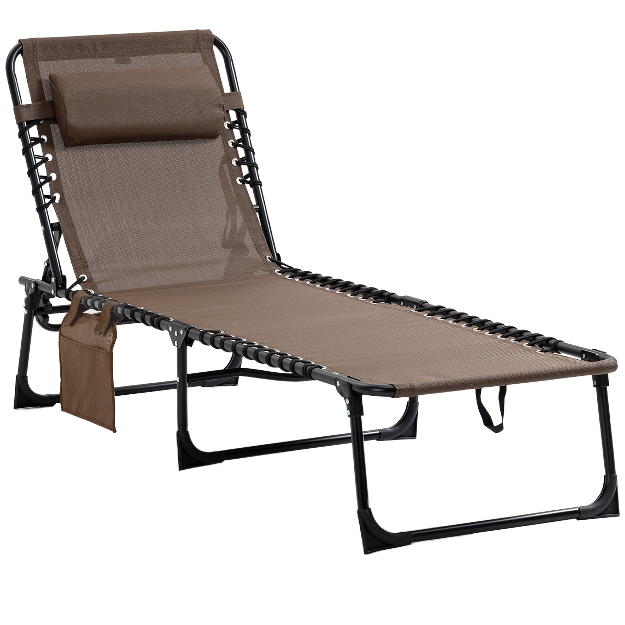 Foldable Sun Lounger Garden Lounger with Head Pillow, Side Pocket, Recliner with 5-Position Adjustable Backrest, weather-resistant Camping Lounger for up to 120 kg load, for garden beach pool, Brown