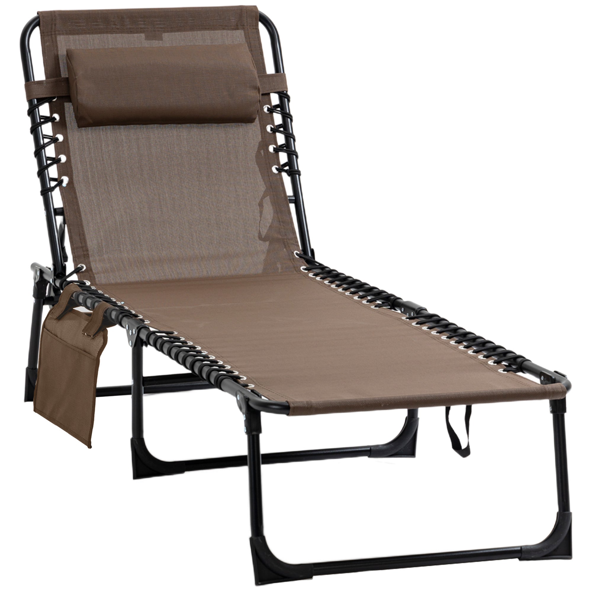 Foldable Sun Lounger Garden Lounger with Head Pillow, Side Pocket, Recliner with 5-Position Adjustable Backrest, weather-resistant Camping Lounger for up to 120 kg load, for garden beach pool, Brown
