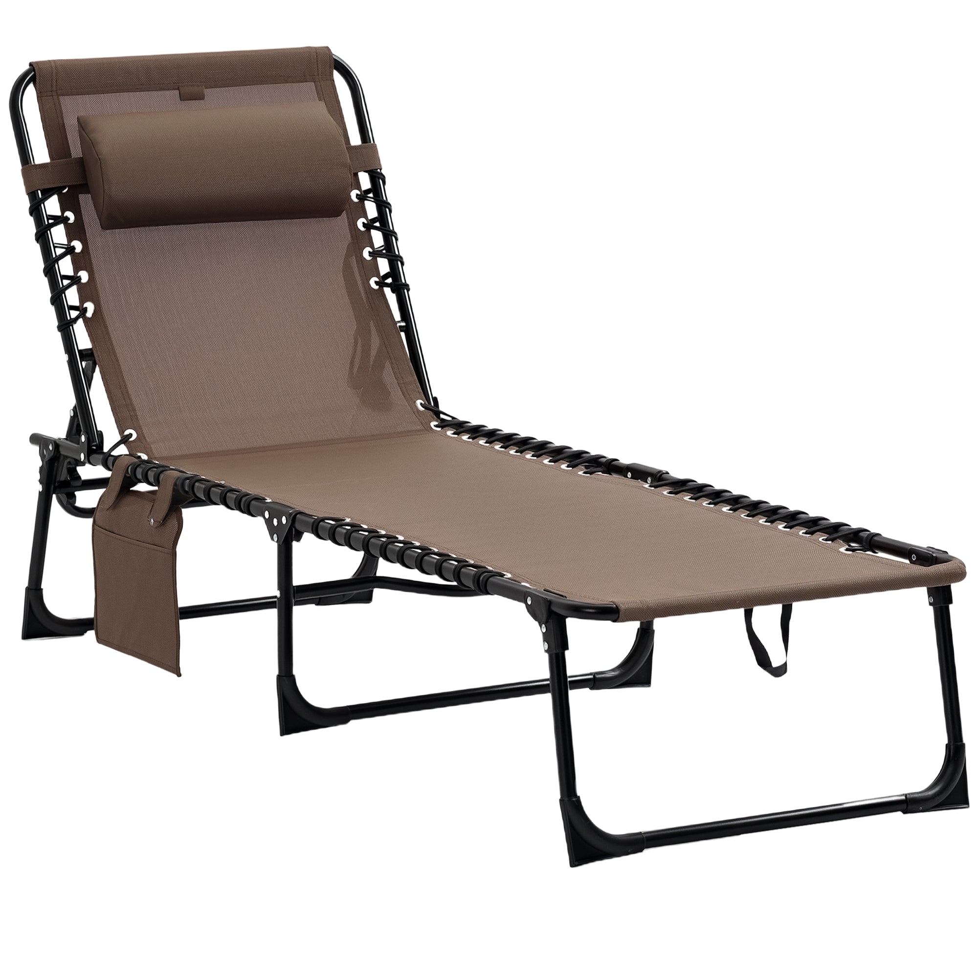 Foldable Sun Lounger Garden Lounger with Head Pillow, Side Pocket, Recliner with 5-Position Adjustable Backrest, weather-resistant Camping Lounger for up to 120 kg load, for garden beach pool, Brown
