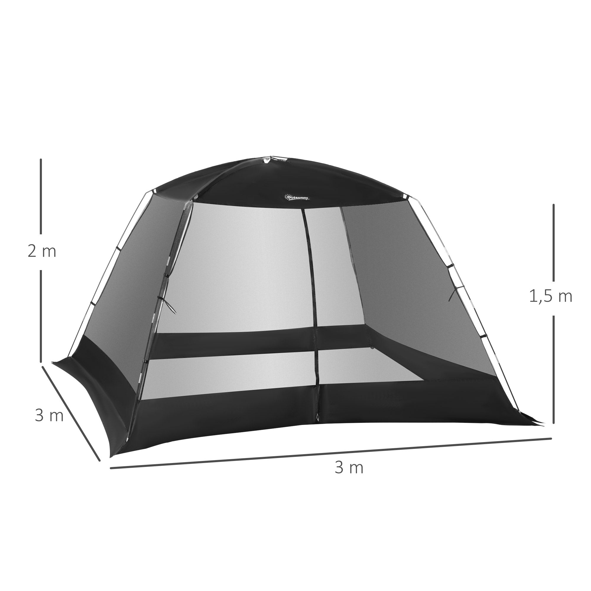 Garden Tent 3x3x2 m Gazebo for 4-6 People with 4 Mosquito Nets and Door Includes Carry Bag Sun Protection for Camping Travel Outdoor Black