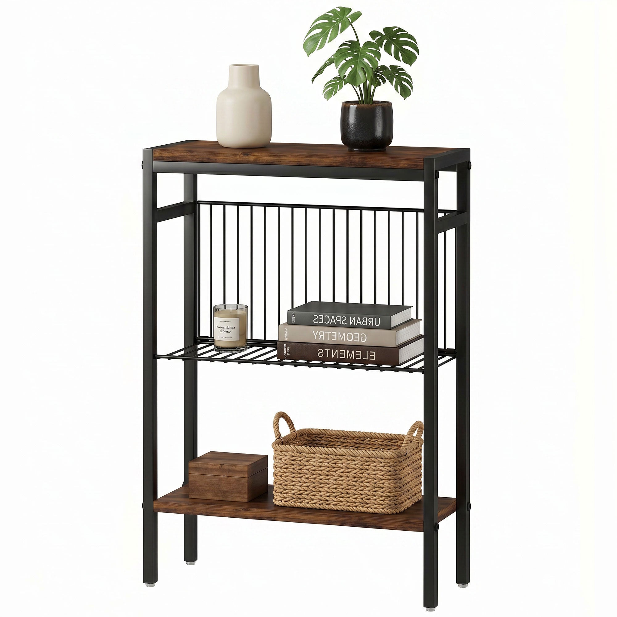 3-Shelf Side Table – Small Coffee/End Table with Metal Frame, Rustic Brown