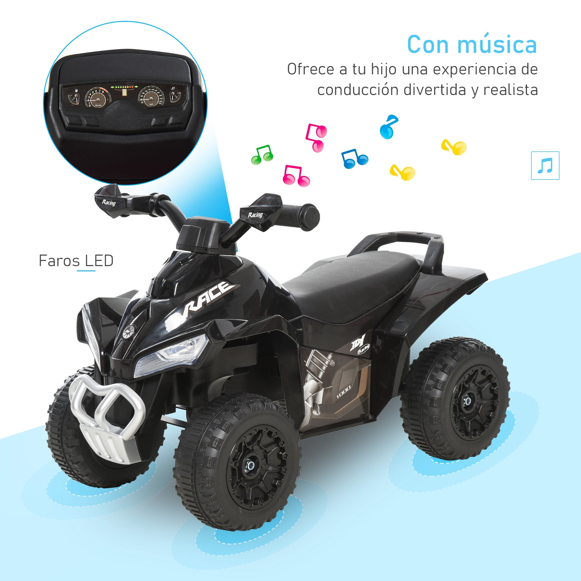 Quad Ride-On Car for Kids 18-36 Months with Lights and Music Function Supports up to 20 kg 67.5x38x44 cm Black