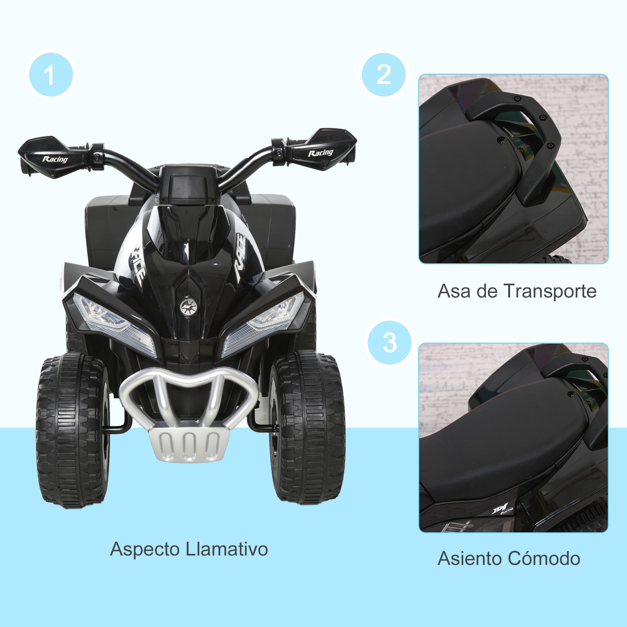 Quad Ride-On Car for Kids 18-36 Months with Lights and Music Function Supports up to 20 kg 67.5x38x44 cm Black