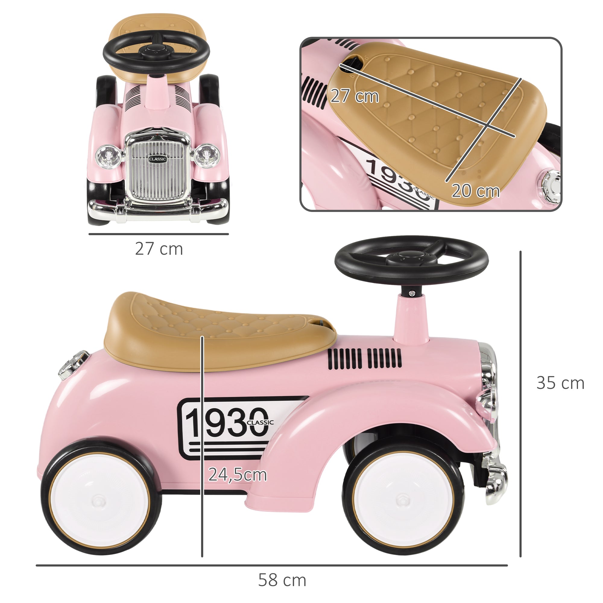 Kids Ride-On Car, Children's Vehicle with Storage Space, Ride-On Car with Anti-Tip Protection for 1-3 Year Olds, Pink, 58 x 27 x 35 cm