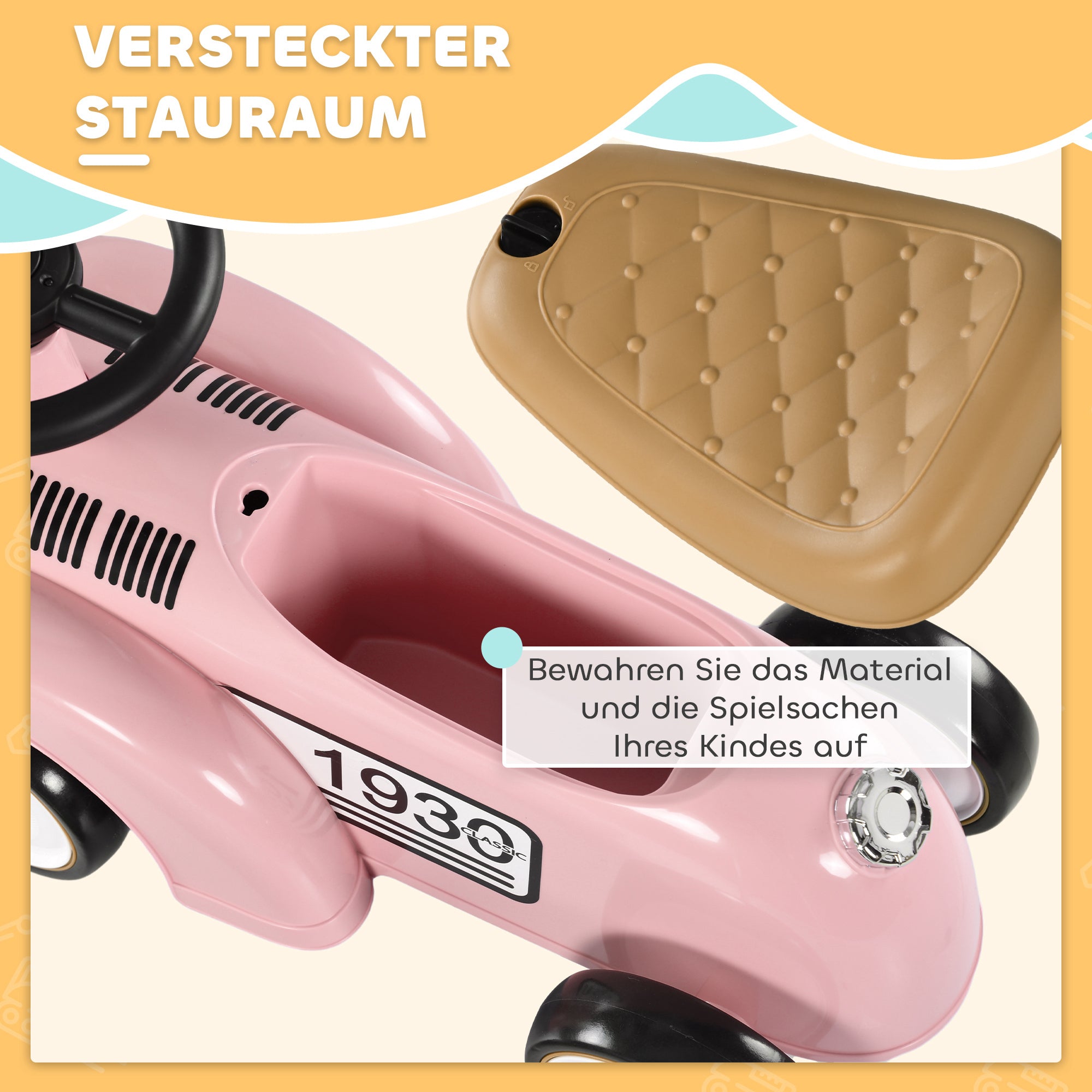 Kids Ride-On Car, Children's Vehicle with Storage Space, Ride-On Car with Anti-Tip Protection for 1-3 Year Olds, Pink, 58 x 27 x 35 cm