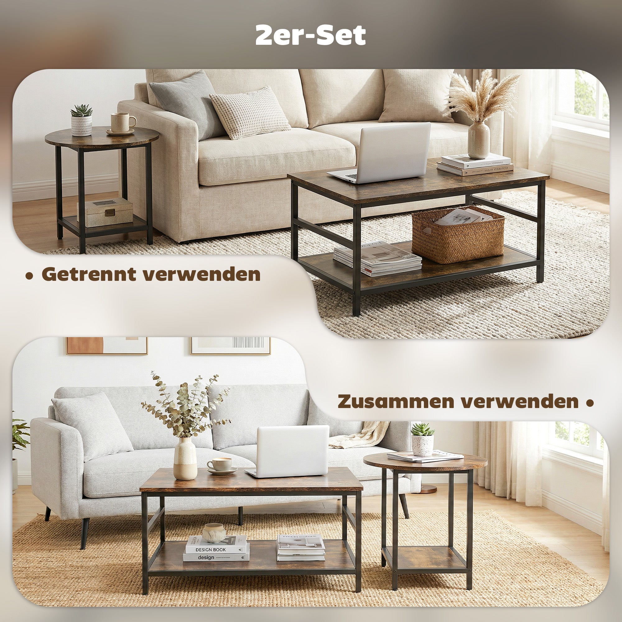 2-Piece Coffee & Side Table Set with Shelves, Modern Rustic Brown Living Room Tables with Black Steel Frame