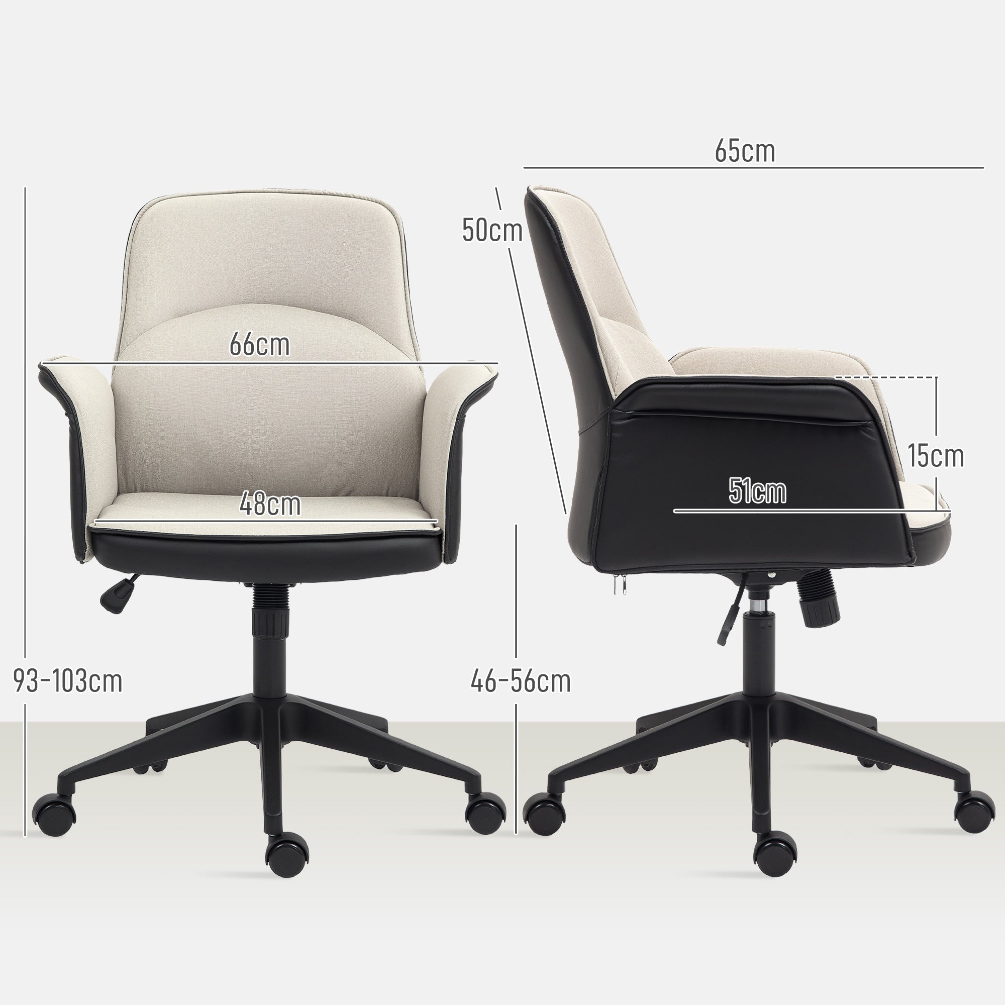 Swivel Office Chair Upholstered in PU and Linen Adjustable Height Armrests Study Chair Load 120 kg Beige and Black