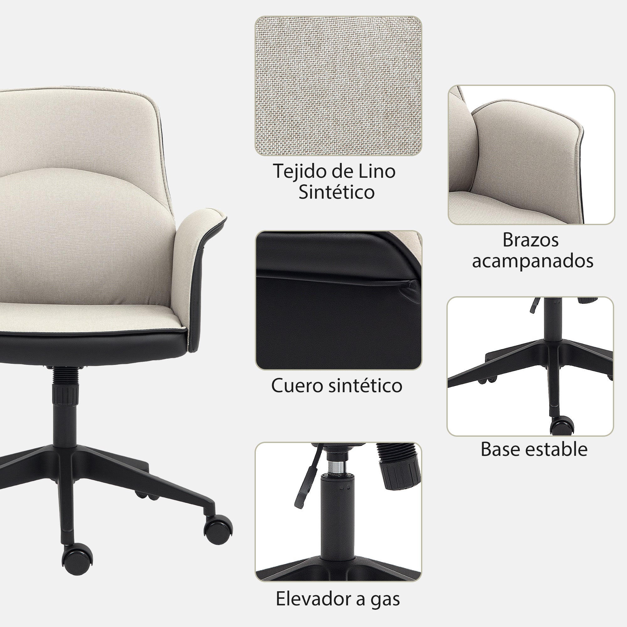 Swivel Office Chair Upholstered in PU and Linen Adjustable Height Armrests Study Chair Load 120 kg Beige and Black
