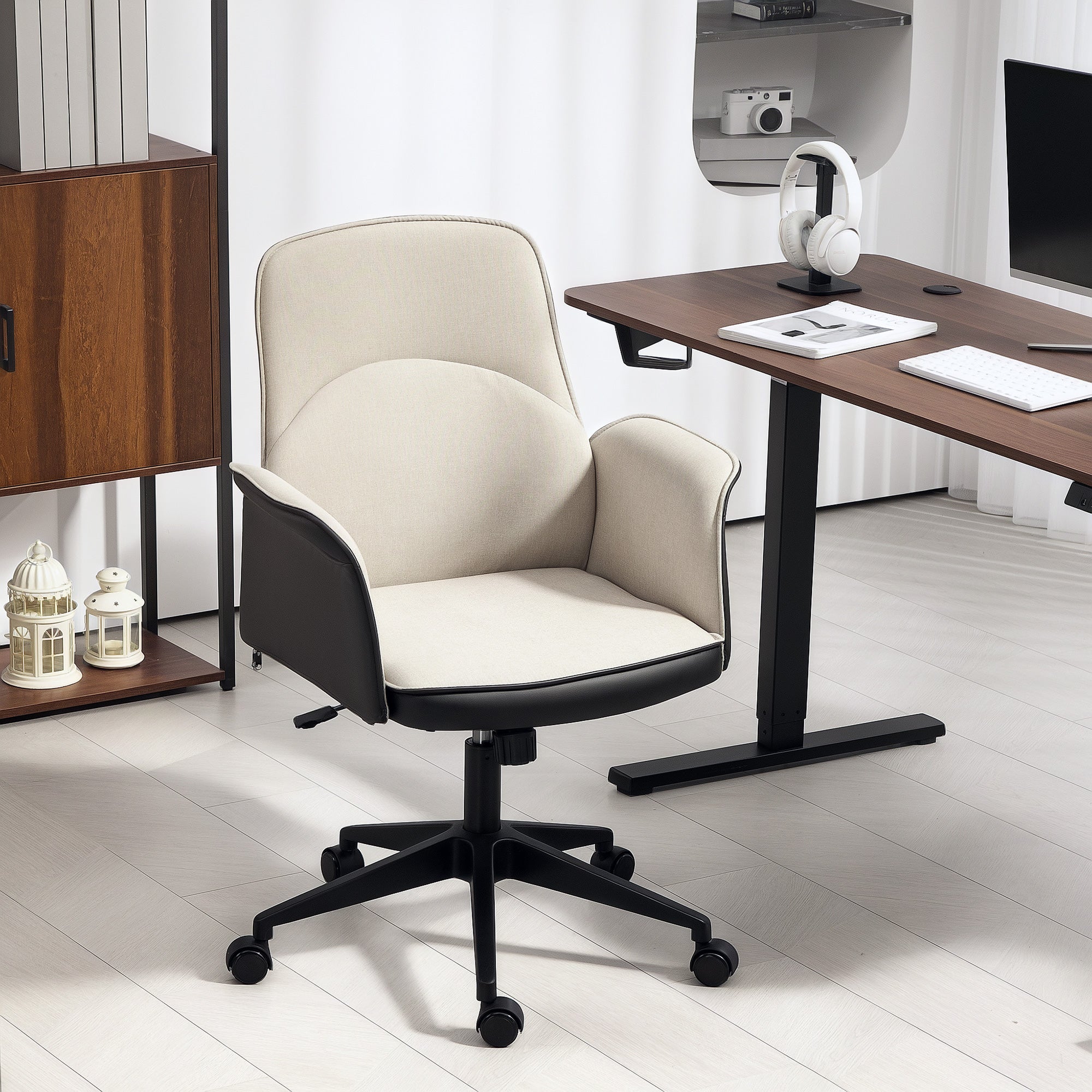 Swivel Office Chair Upholstered in PU and Linen Adjustable Height Armrests Study Chair Load 120 kg Beige and Black